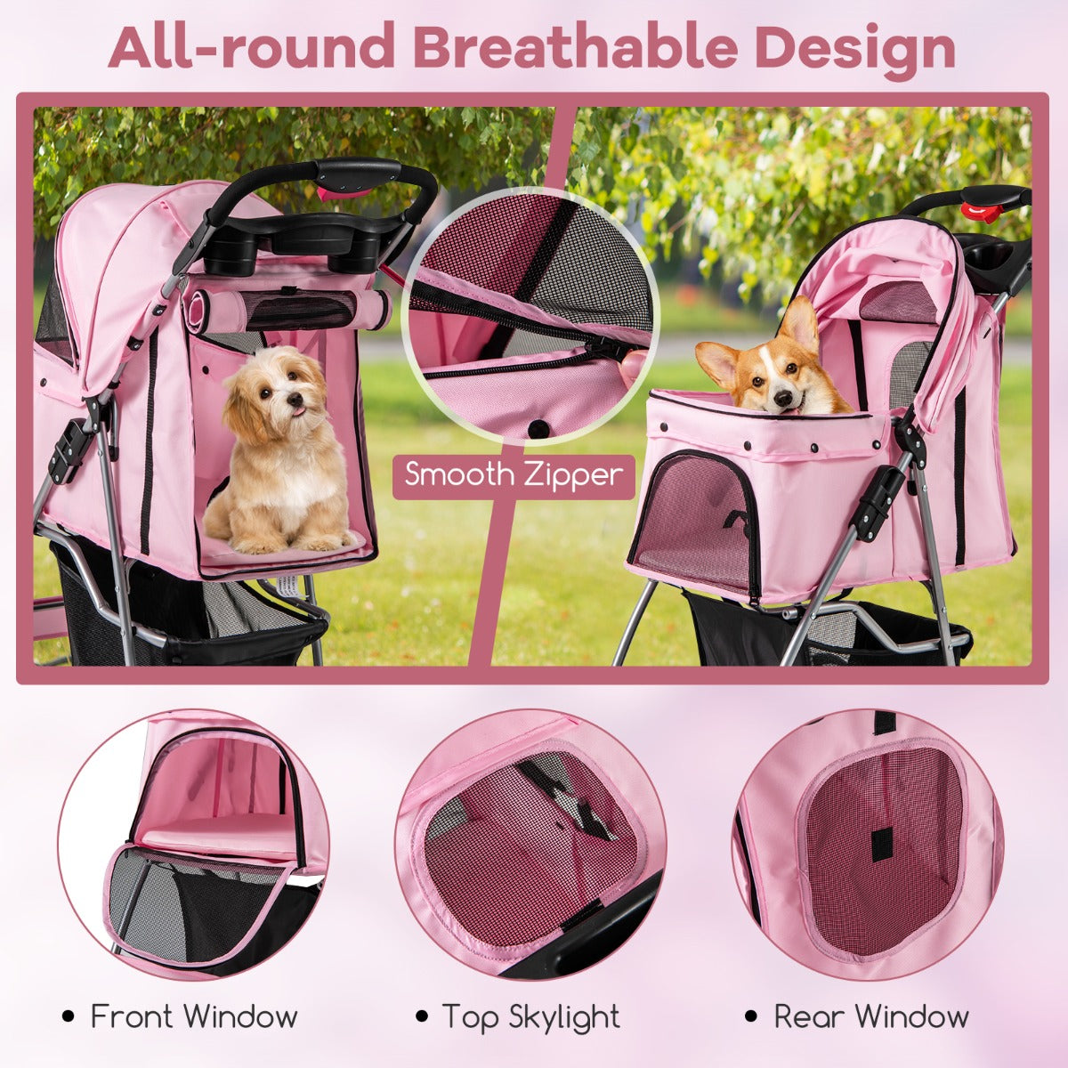 LIVSK Draagbare Huisdierwagen - Opvouwbaar met Ademend Ontwerp - Inclusief Bekerhouder en Opbergmand - Tot 15 kg - Roze/Grijs