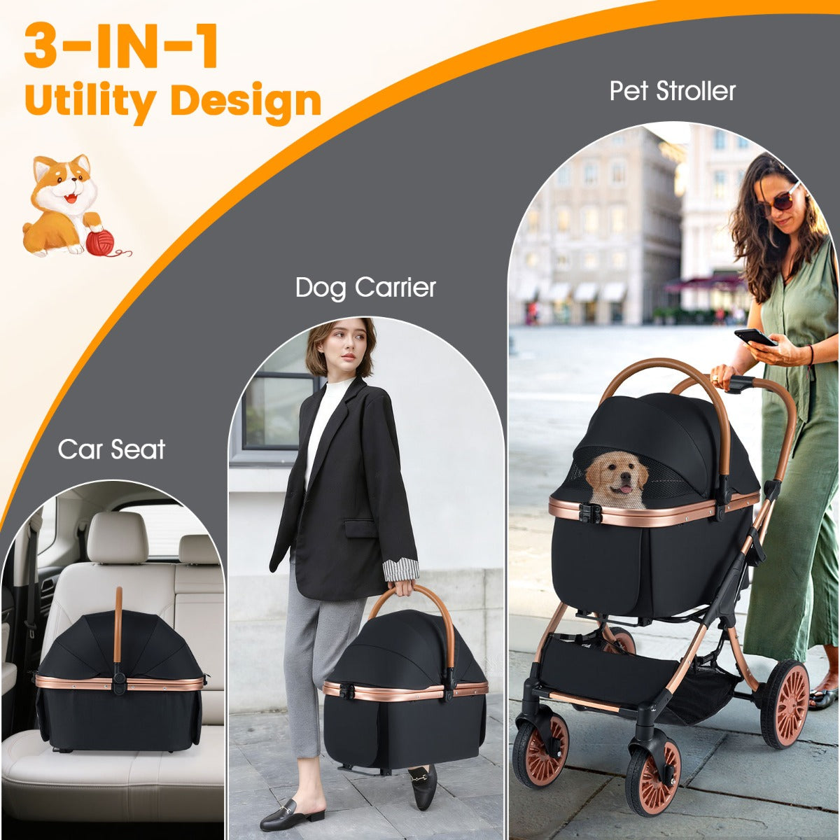 Livsk costway 4 wielige kinderwagen voor huisdieren 3 in 1 opvouwbare kinderwagen met afneembare mand zonnescherm en afneembaar kussen voor maximaal 25 kg 6