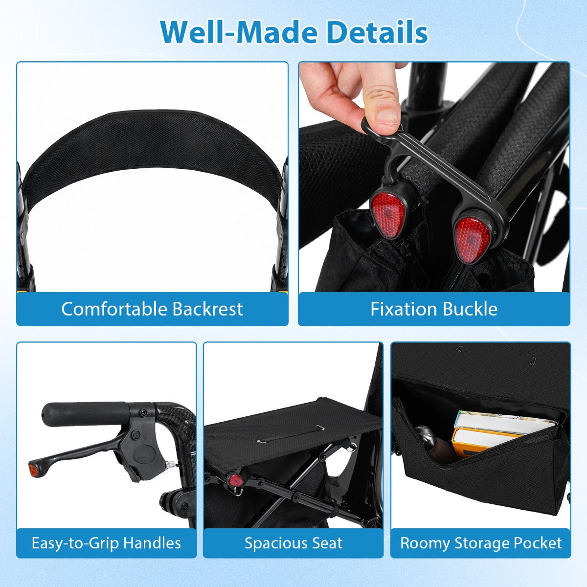 Livsk costway 4 wielige rollator ultralichte opvouwbare rollator met zitje koolstofvezel frame verstelbare handgrepen verstelbare rugleuning en opbergvak