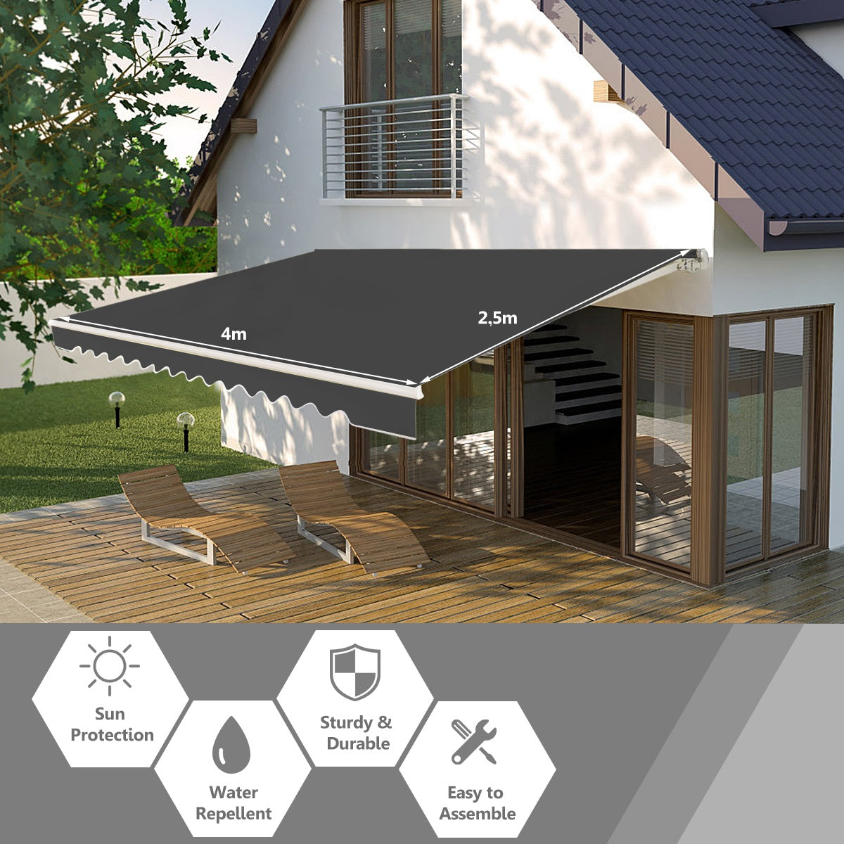 LIVSK Uittrekbare Terraszonwering - Verstelbare Helling 40°-100° - Handmatige Slinger - Aluminium - 4 x 2,5 m - Grijs
