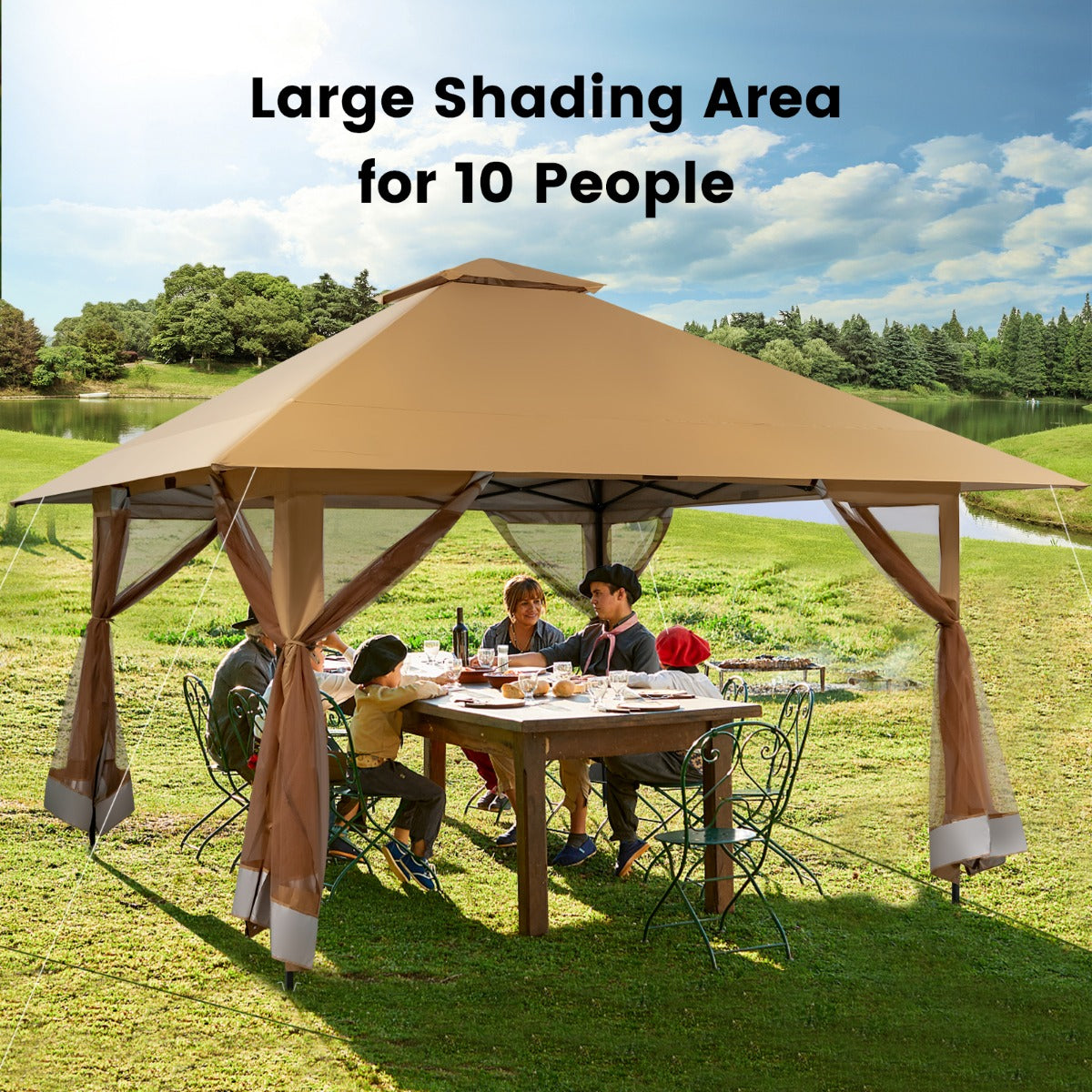 LIVSK Outdoor-paviljoen 4x4m - Geventileerd met Mesh Zijwanden - UV-Bescherming - Draagtas met Wielen - Tot 10 Personen - Kaki