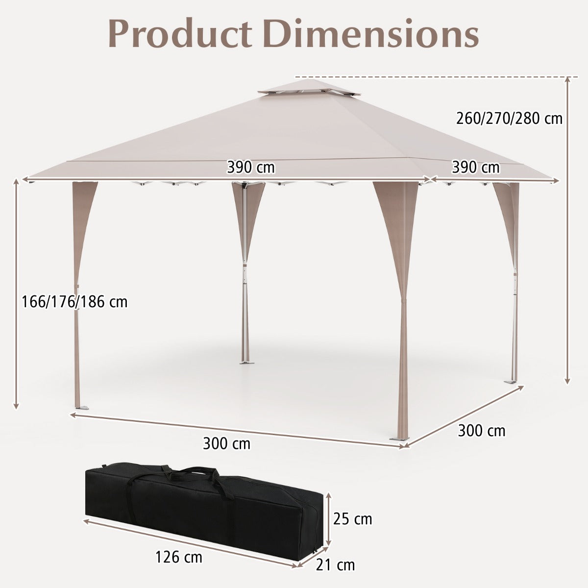 LIVSK Partytent - Verstelbaar Dubbel Dak - Stevig Metalen Frame - Slijtvast Oxford - 395 x 395 cm - Khaki