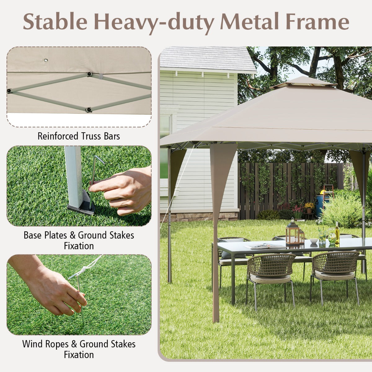 LIVSK Partytent - Verstelbaar Dubbel Dak - Stevig Metalen Frame - Slijtvast Oxford - 395 x 395 cm - Khaki