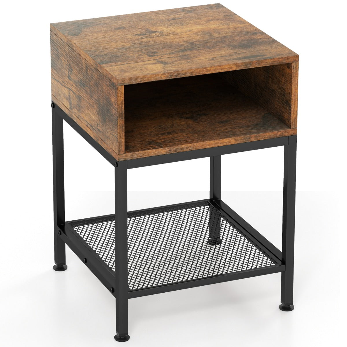 LIVSK Rechthoekige Bijzettafel met 3 Niveaus - Opbergvak en Open Plank - Stevig Metaal en Hout - Compact 40 x 40 x 57,5 cm -