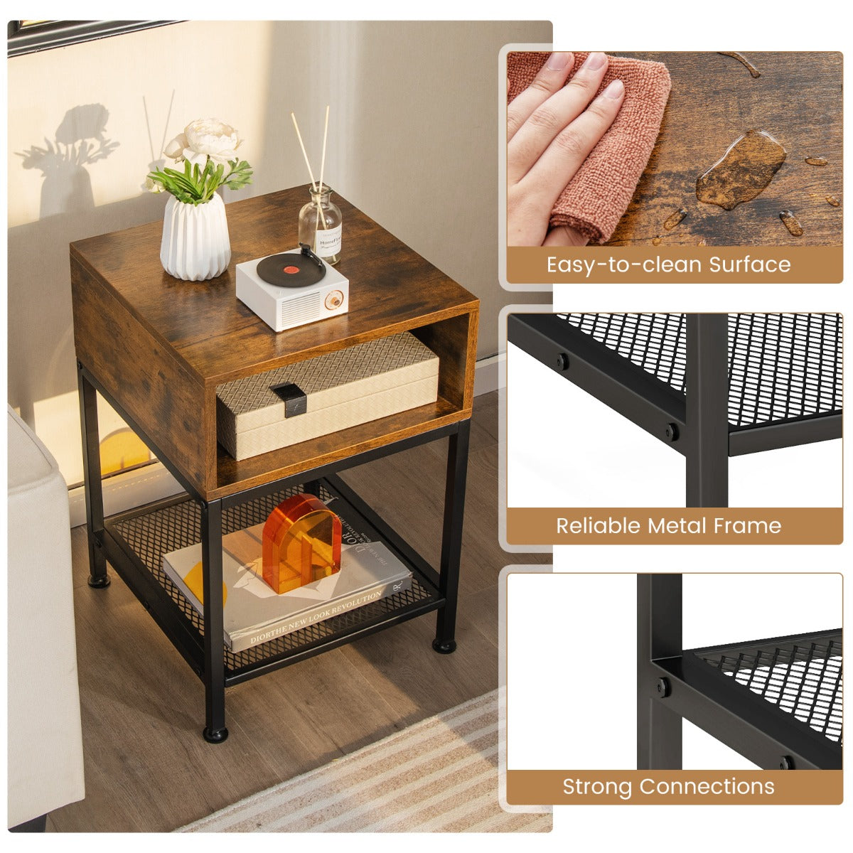 LIVSK Rechthoekige Bijzettafel met 3 Niveaus - Opbergvak en Open Plank - Stevig Metaal en Hout - Compact 40 x 40 x 57,5 cm -