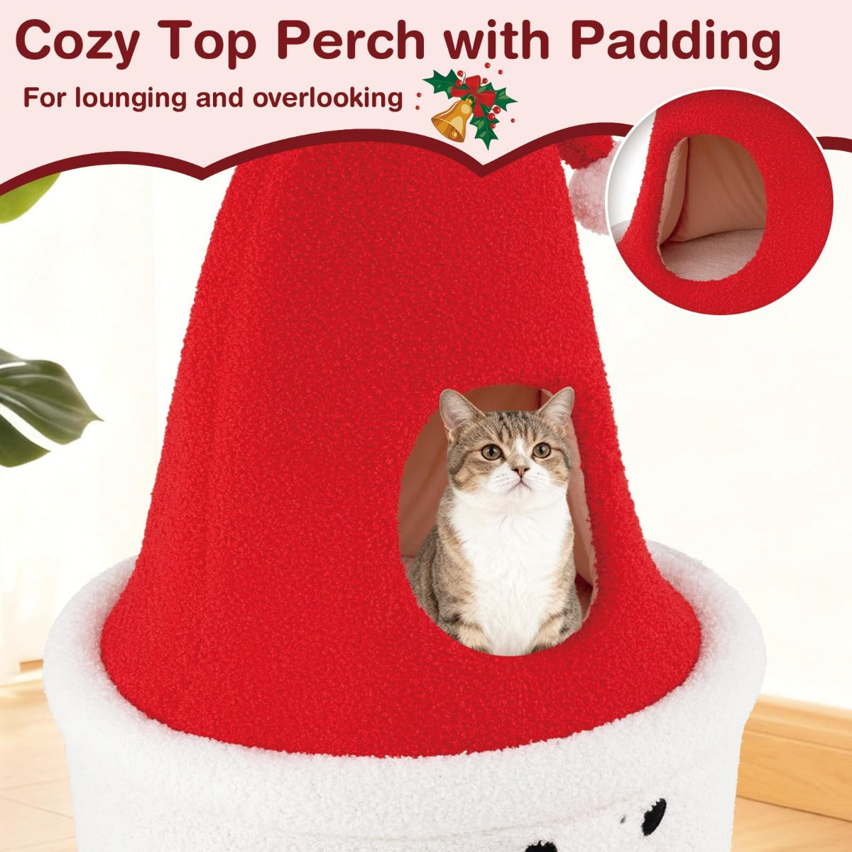 Livsk costway 40 x 40 x 75 cm kerstmis krabpaal met slaapgedeelte 75 cm moderne schattige kattentoren rood wit 2