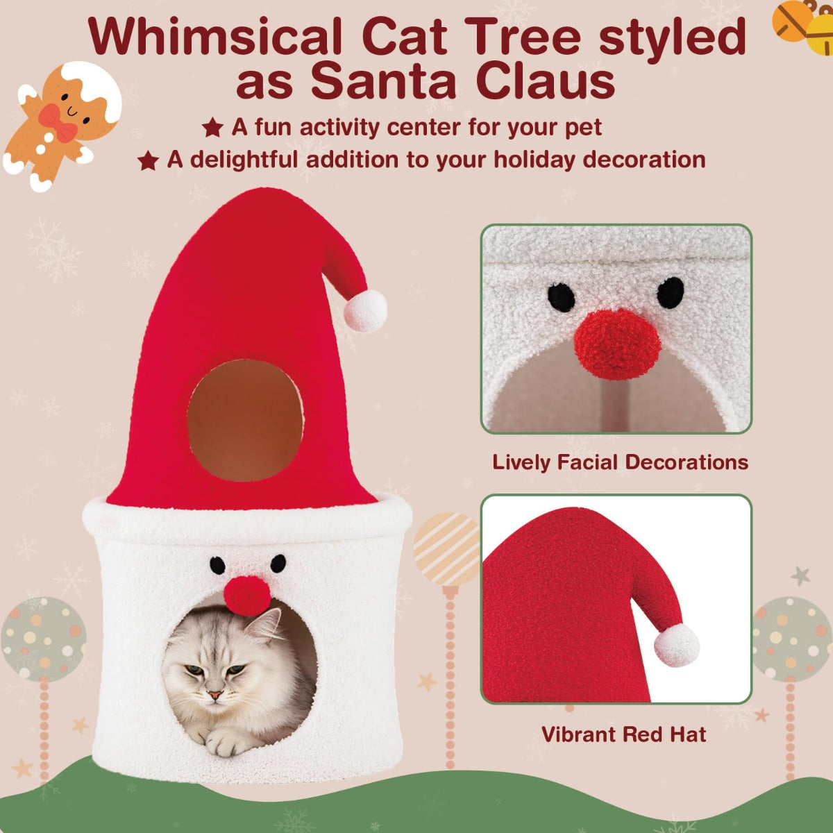 Livsk costway 40 x 40 x 75 cm kerstmis krabpaal met slaapgedeelte 75 cm moderne schattige kattentoren rood wit 3