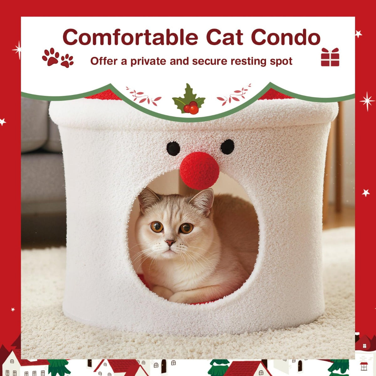 Livsk costway 40 x 40 x 75 cm kerstmis krabpaal met slaapgedeelte 75 cm moderne schattige kattentoren rood wit 4
