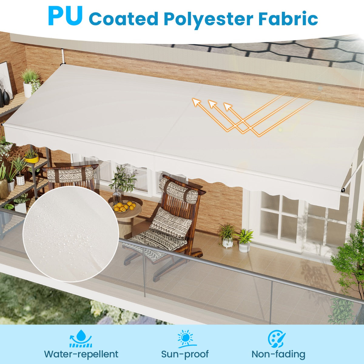 LIVSK Handmatig Uitschuifbare Zonwering - Verstelbare Hoogte 210-300 cm - Waterafstotend Polyester - Stabiele Constructie - Wit