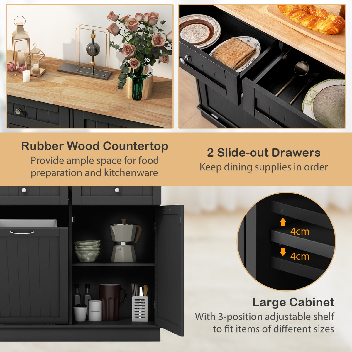 LIVSK Uitklapbare Vuilniskast - Massief Rubberhouten Werkblad - 2 Laden - Verstelbaar Rek - Tot 42 liter - 100 x 35 x 90,5 cm -