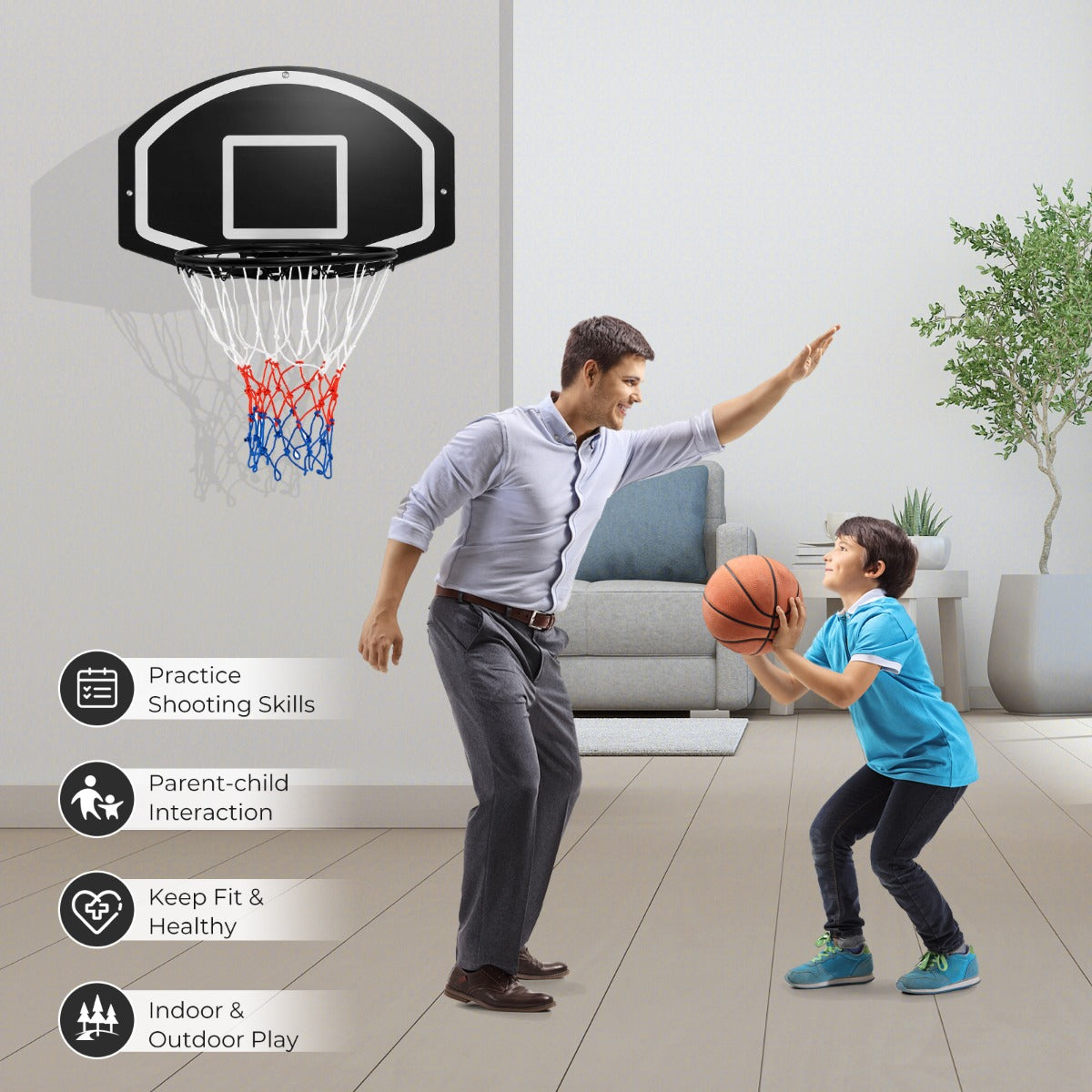 LIVSK Wandgemonteerde Basketbalringset - PE Bord 72 x 45,5 cm - Metalen Ring - Inclusief Accessoires - Voor Binnen en Buiten -