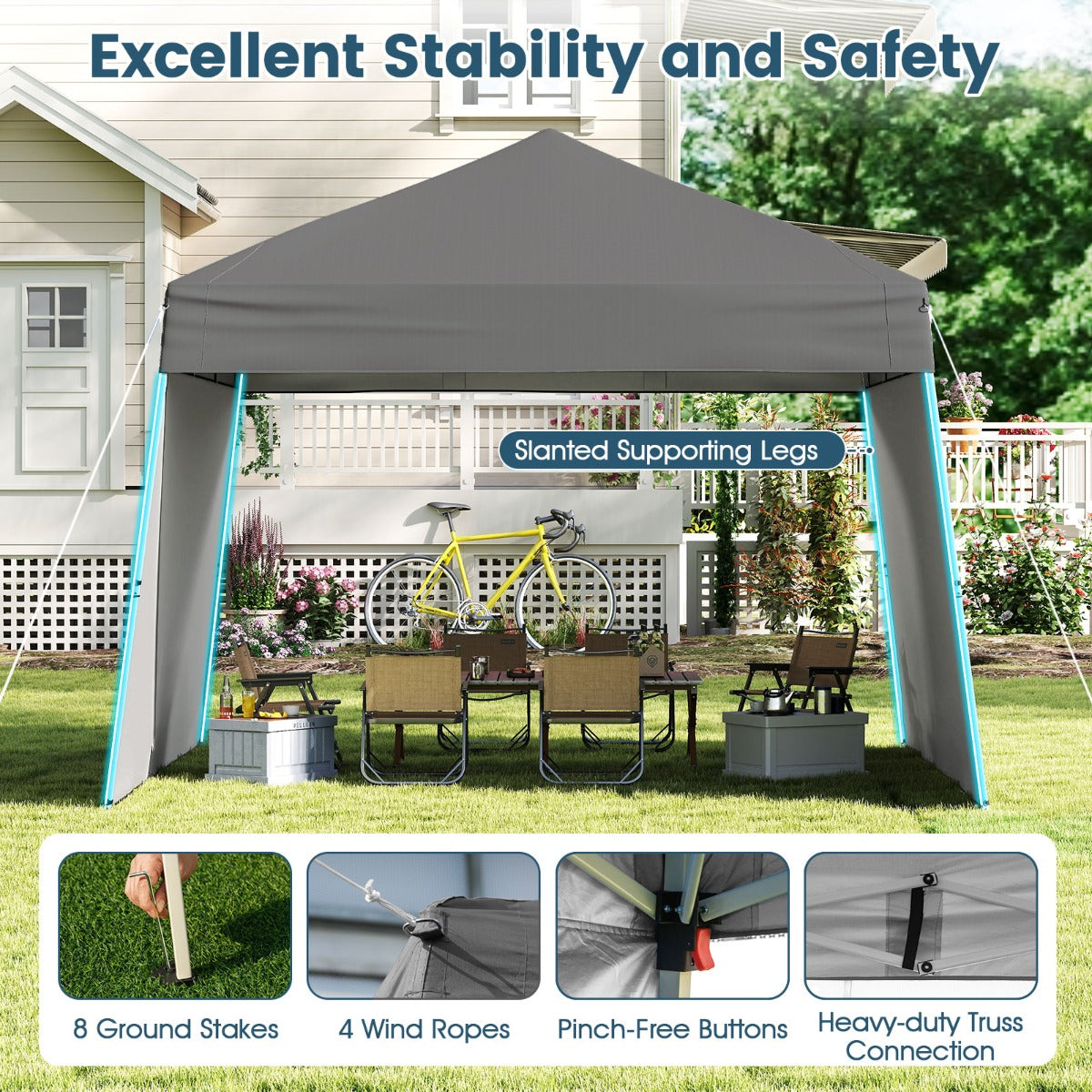 LIVSK Pop-Up Paviljoen Tent - Oxford Stof met Zilvercoating - Eenvoudig Op te Zettten - 430 x 280 x 254/264 cm - Grijs