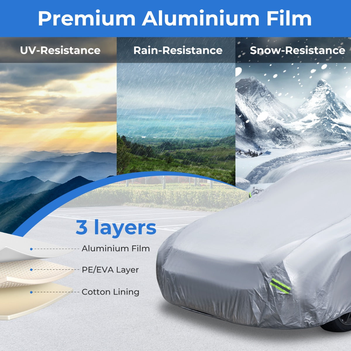 LIVSK Autohoes - 3-laagse Bescherming - UV-, Regen- en Sneeuwbestendig - Reflecterende Strips - Eenvoudige Installatie - Zilver
