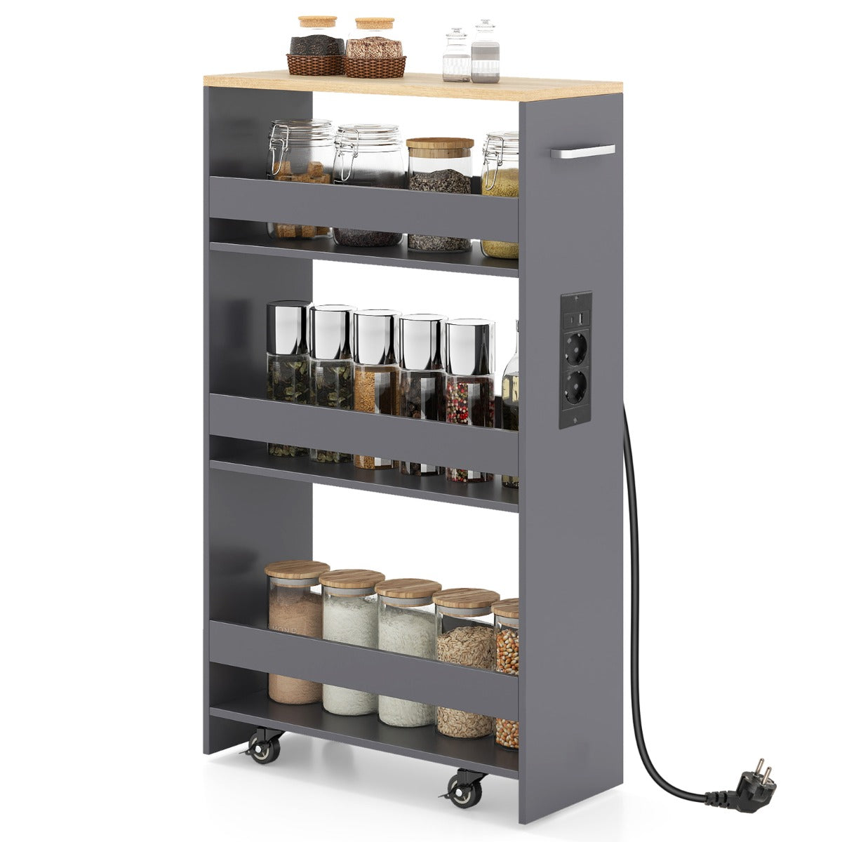Livsk costway 44 laags trolley smalle keukentrolley met oplaadstation en drie open planken grijs