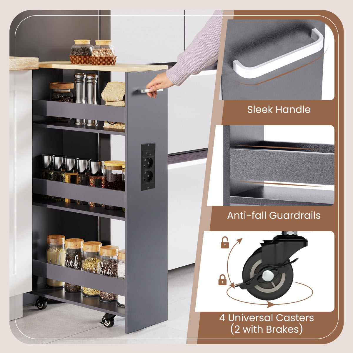 Livsk costway 44 laags trolley smalle keukentrolley met oplaadstation en drie open planken grijs 4