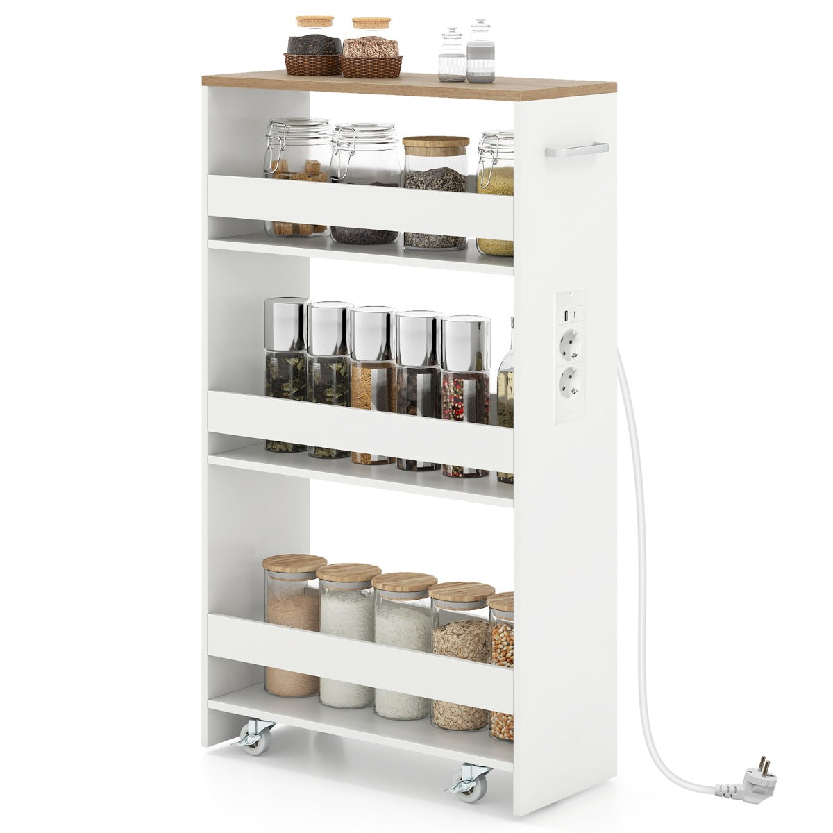 Livsk costway 44 laags trolley smalle keukentrolley met oplaadstation en drie open planken witnaturel