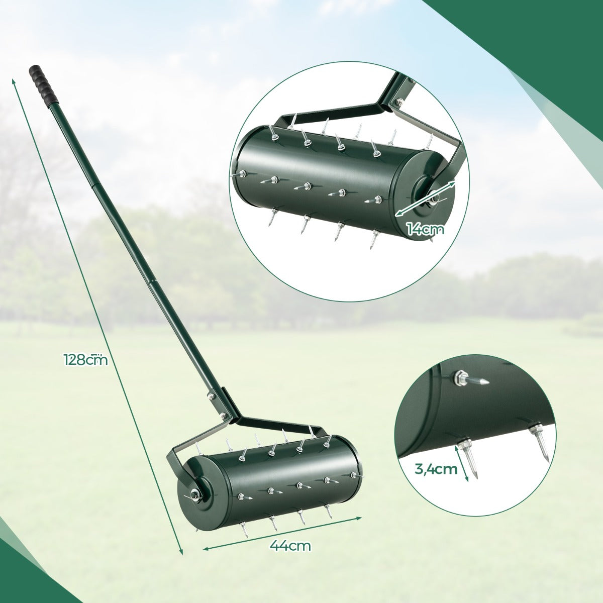 LIVSK Rollende Gazonventilator - 27 Roestvrijstalen Spikes - Ergonomische Handgreep - Vulbare Trommel 5,5 L - Groen