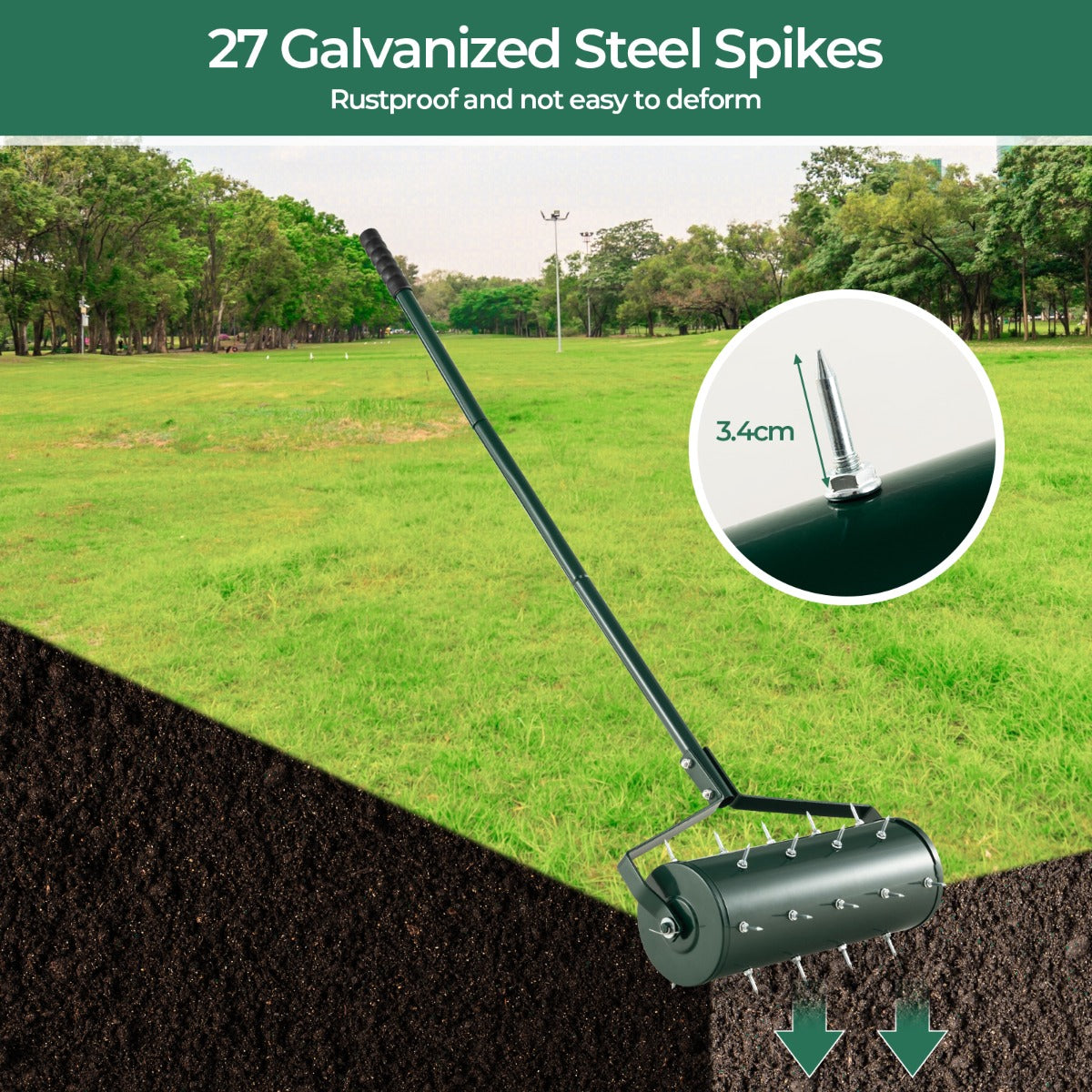 LIVSK Rollende Gazonventilator - 27 Roestvrijstalen Spikes - Ergonomische Handgreep - Vulbare Trommel 5,5 L - Groen