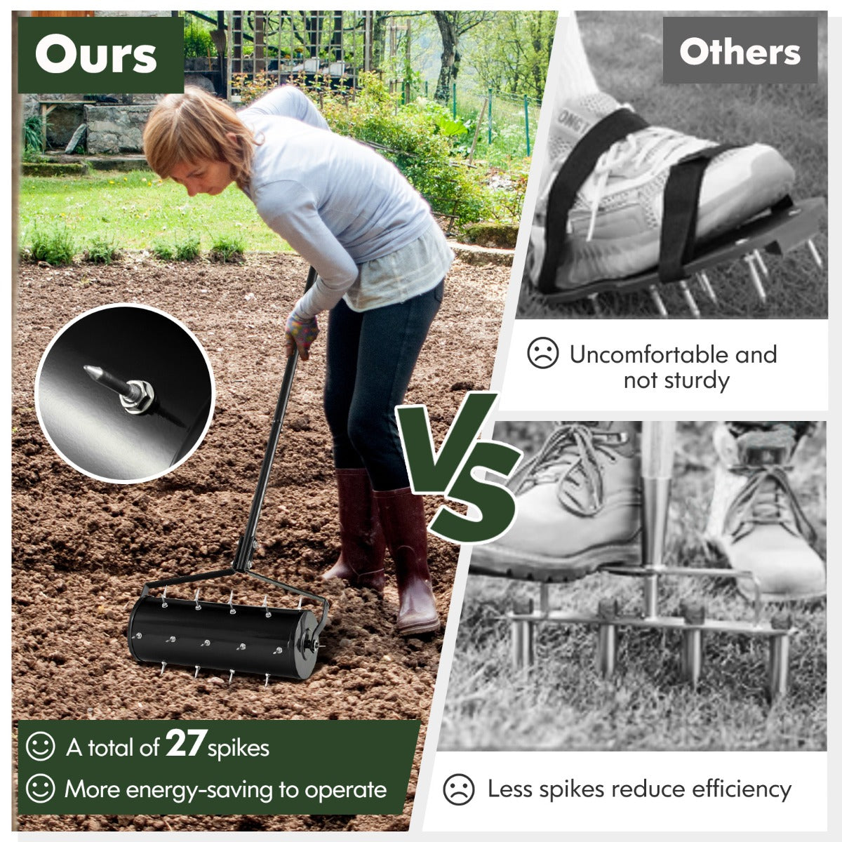 Livsk costway 44 x 128 cm gazonbeluchter handmatig gazonrol met steel en spijkers handverticuteerder rollend gazonbeluchter tuinwals zwart 4