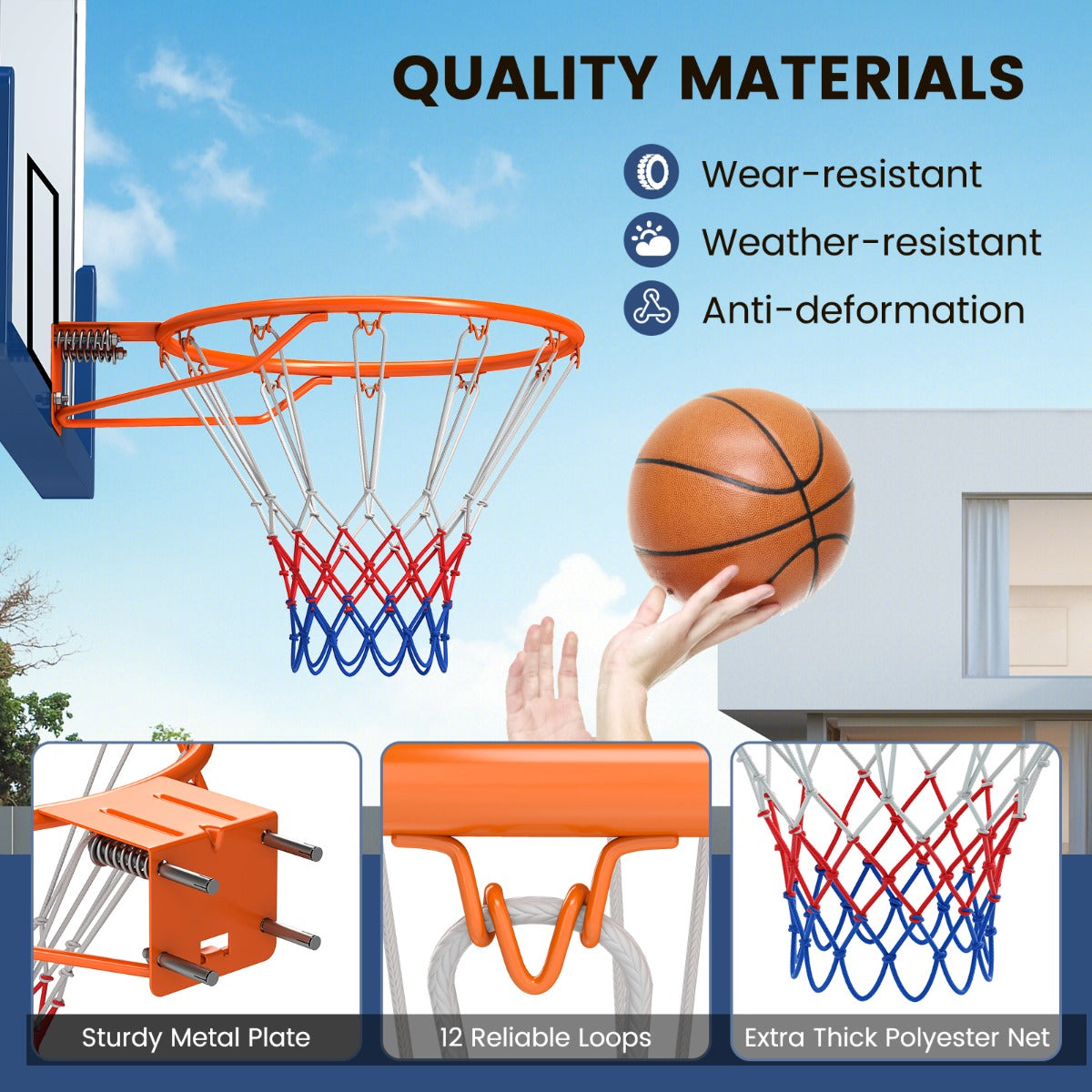 Livsk costway 45 cm basketbalring met net voor alle seizoenen aan de muur bevestigde basketbalstandaard met dubbele veren 5 2
