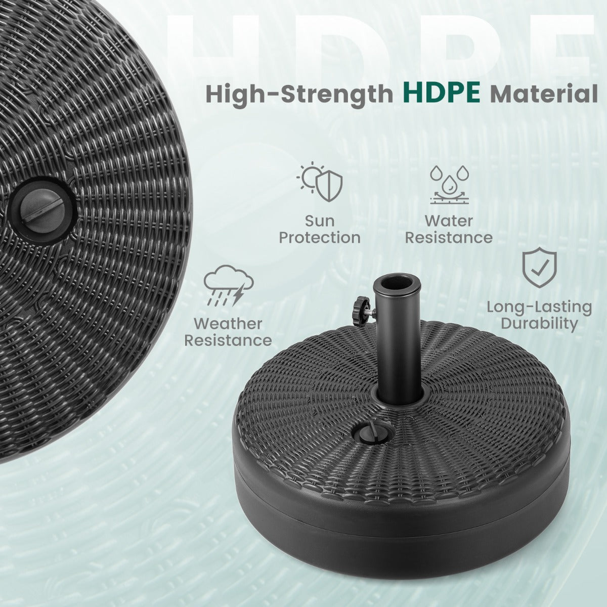 LIVSK Vulbare Parasolvoetsteun - HDPE - 15,5 L Watercapaciteit - Geschikt voor 38/48 mm Stokken - 45 x 30 cm - Zwart