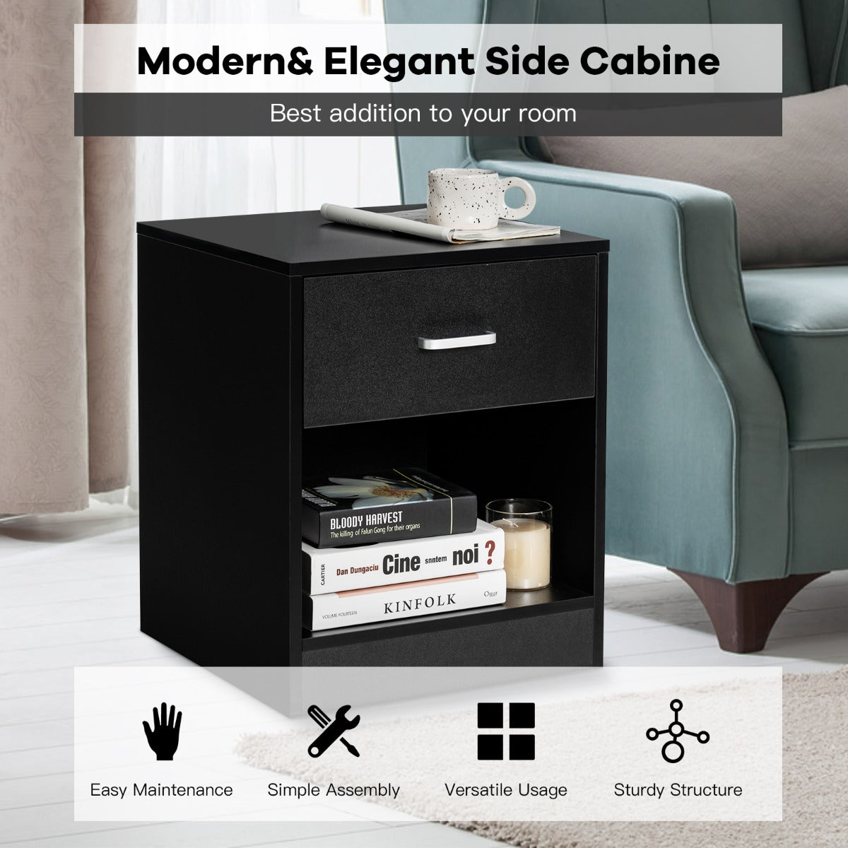 LIVSK Modern Bijzettafel - Ruime Lade en Open Rek - Robuuste Houten Constructie - Antislip Kussens - Geschikt voor Elke Ruimte -