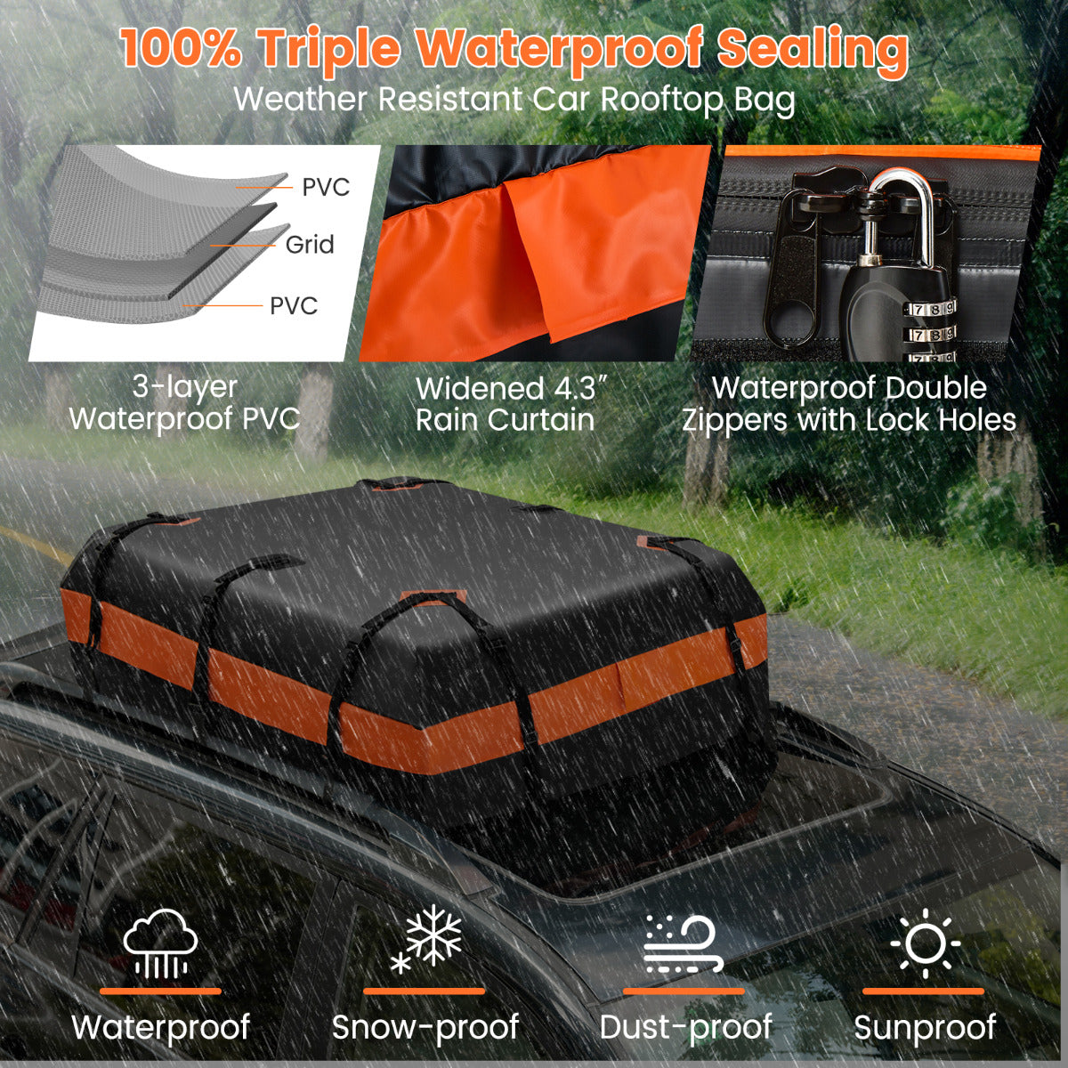 LIVSK Daktas voor Auto's 450L - Waterdicht en Scheurbestendig - Inclusief Antislipmat en Cijferslot - 112 x 86 x 43 cm - Zwart