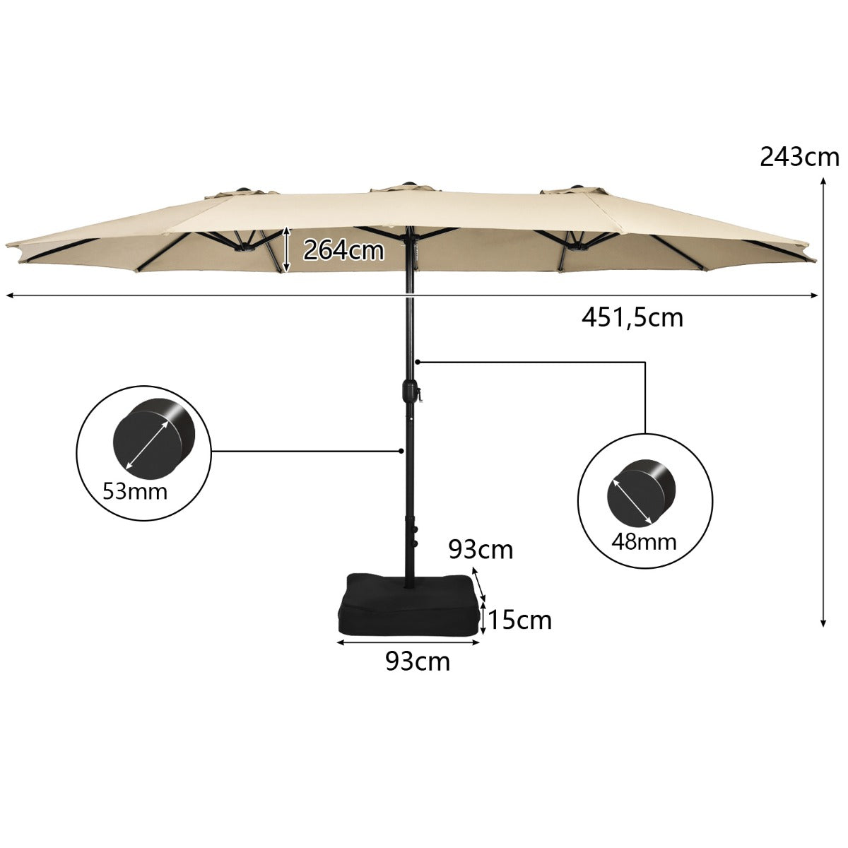 LIVSK Dubbelzijdige Parasol - Groot Schaduwoppervlak 451,5 cm - Metalen Standaard - Eenvoudig te Gebruiken - Beige