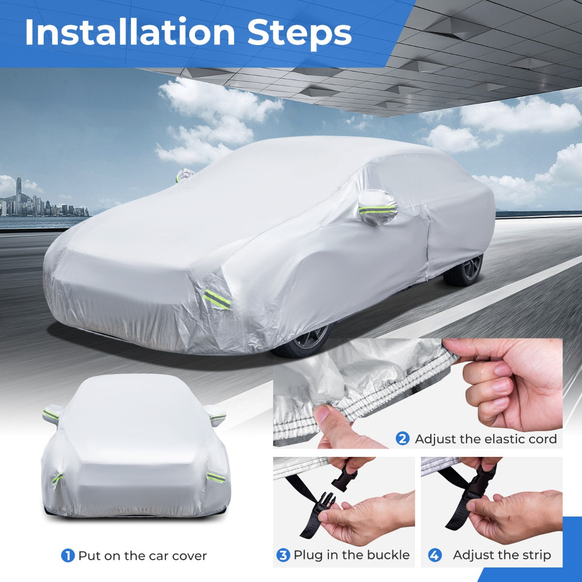 LIVSK Universele Autohoes - 3-laagse Constructie - UV-, Regen- en Sneeuwbestendig - Reflecterende Strips - Zilver