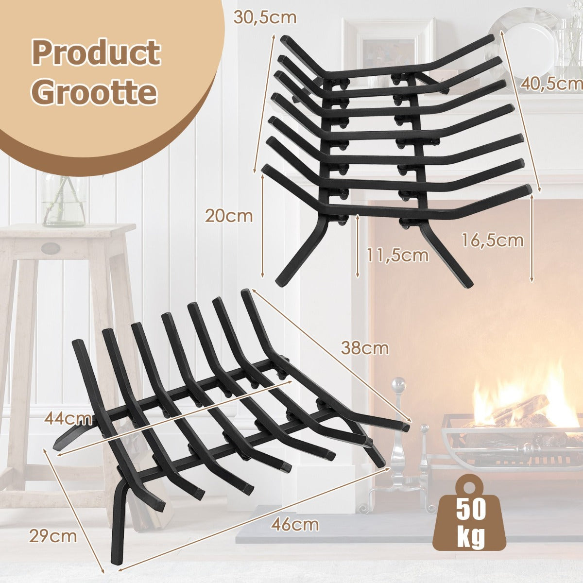 LIVSK Haardrooster van Smeedijzer - Hittebestendige Coating - V-vormig Ontwerp - Verhoogde Basis - Draagvermogen 50 kg - Zwart