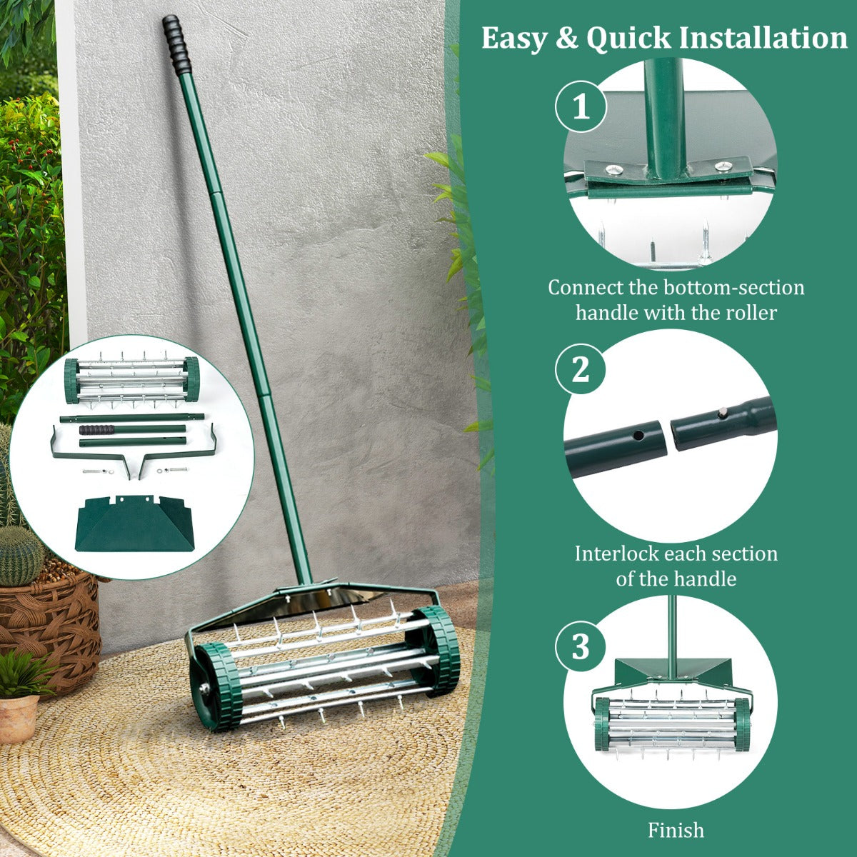 LIVSK Rollende Gazonbeluchter - Handmatige Verticuteerder met Beschermend Schild - Dieptepunt 3 cm - Ergonomisch Ontwerp -