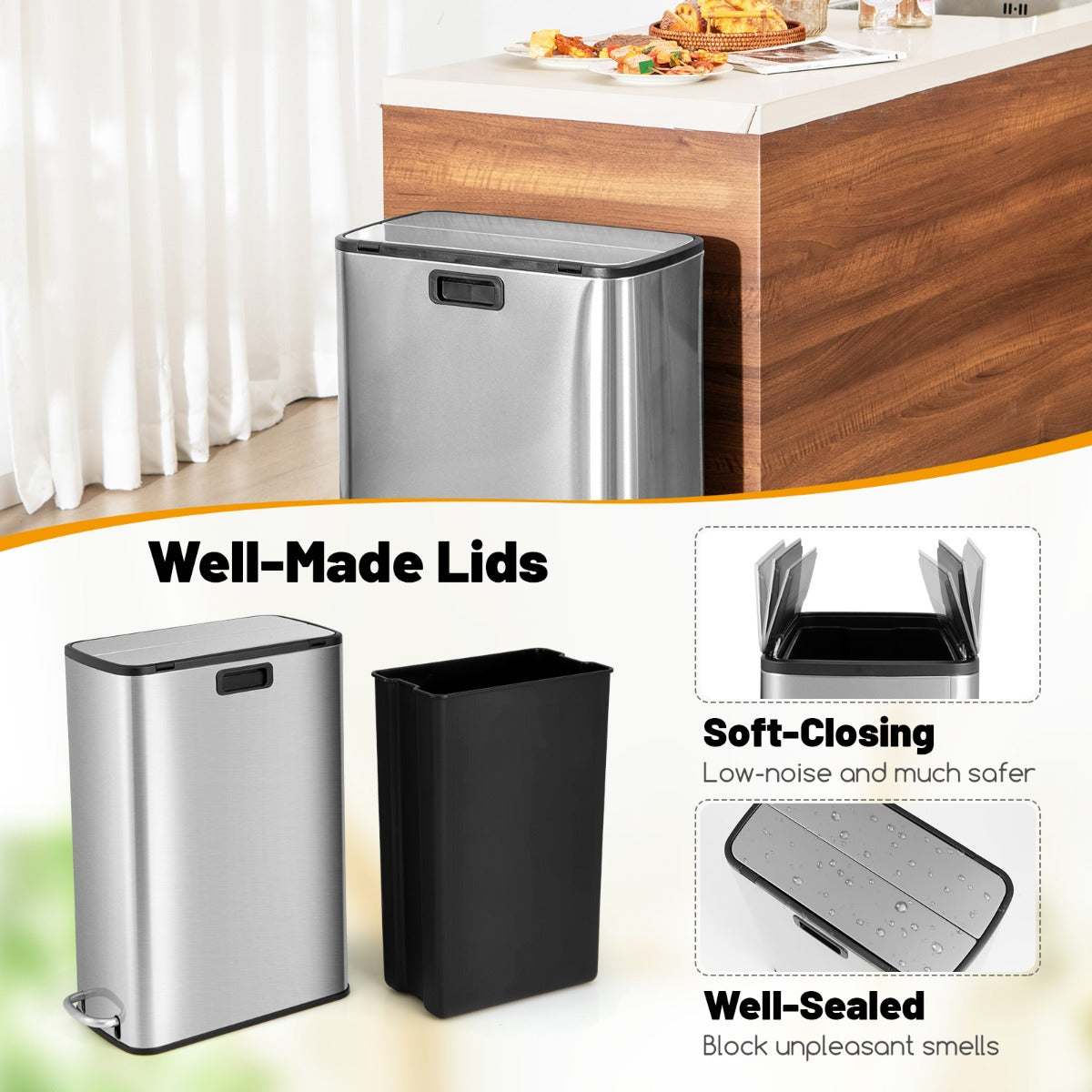 LIVSK Roestvrijstalen Afvalemmer 46 liter - Uitneembare Binnenemmer - Soft-Close Systeem - Slank Ontwerp - Zilver
