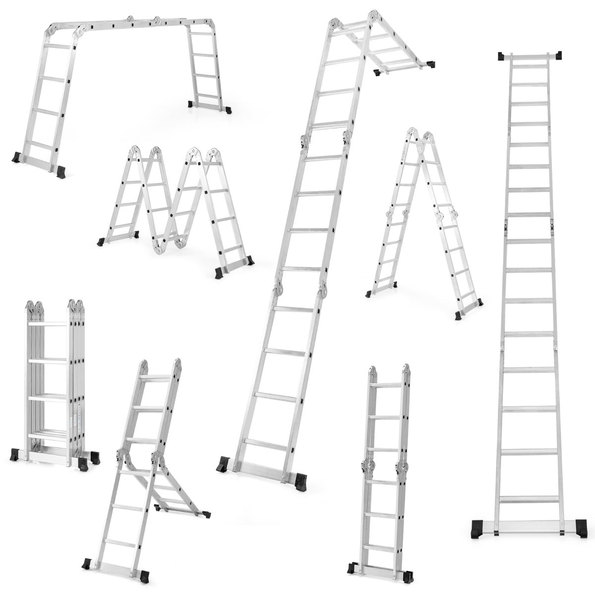 LIVSK 7-in-1 Vouwladder Aluminium - Belasting 150 kg - Antislip Treden en Voetsteunen - Verstelbare Hoeken - Zilver