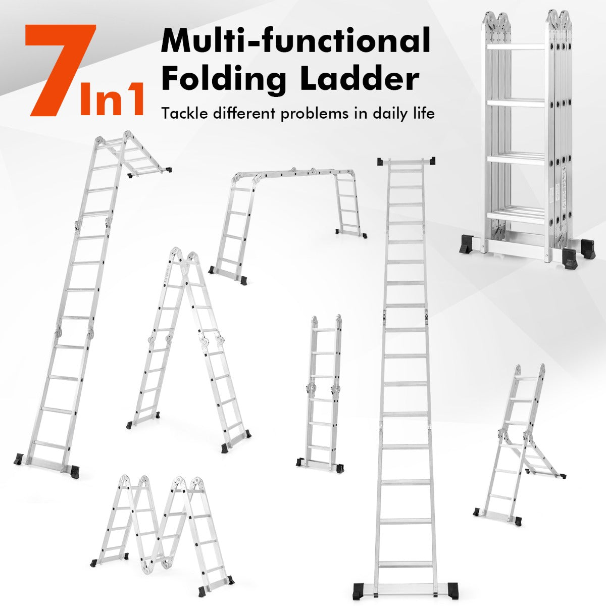 LIVSK 7-in-1 Vouwladder Aluminium - Belasting 150 kg - Antislip Treden en Voetsteunen - Verstelbare Hoeken - Zilver