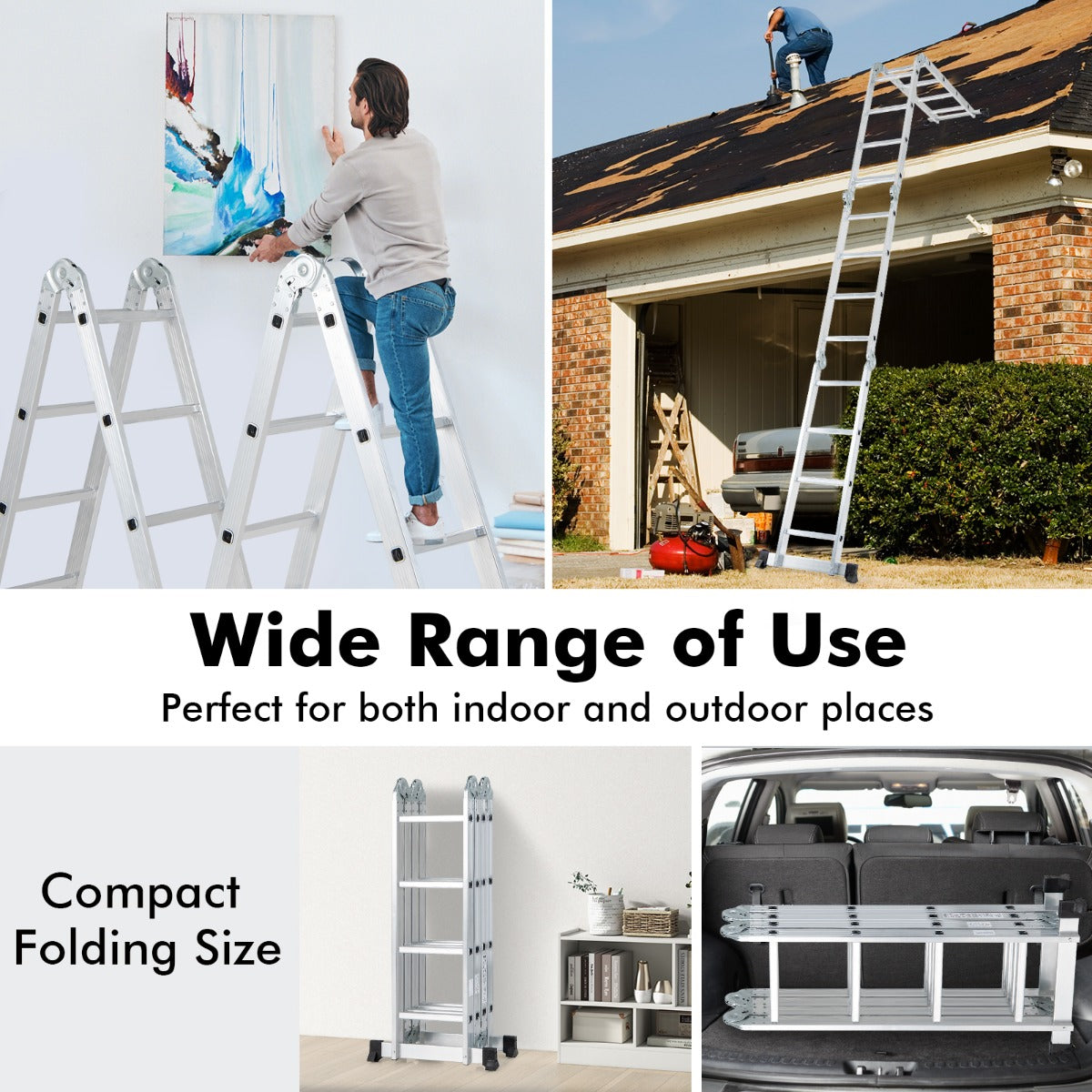 LIVSK 7-in-1 Vouwladder Aluminium - Belasting 150 kg - Antislip Treden en Voetsteunen - Verstelbare Hoeken - Zilver