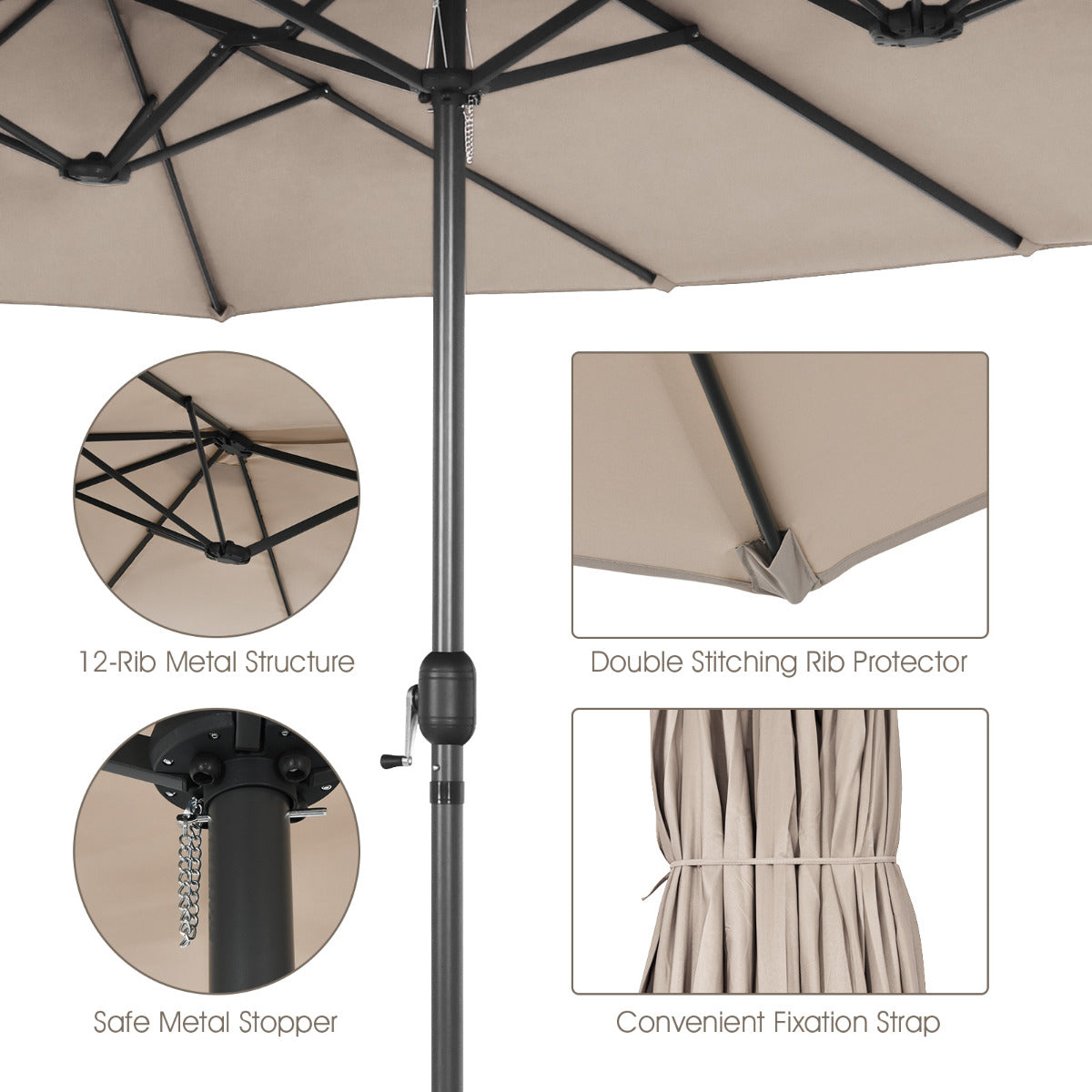 LIVSK Dubbele Buitenparasol - 12 Baleinen - Handzwengel - Sterk en Duurzaam - Voor Patio en Tuin - Beige