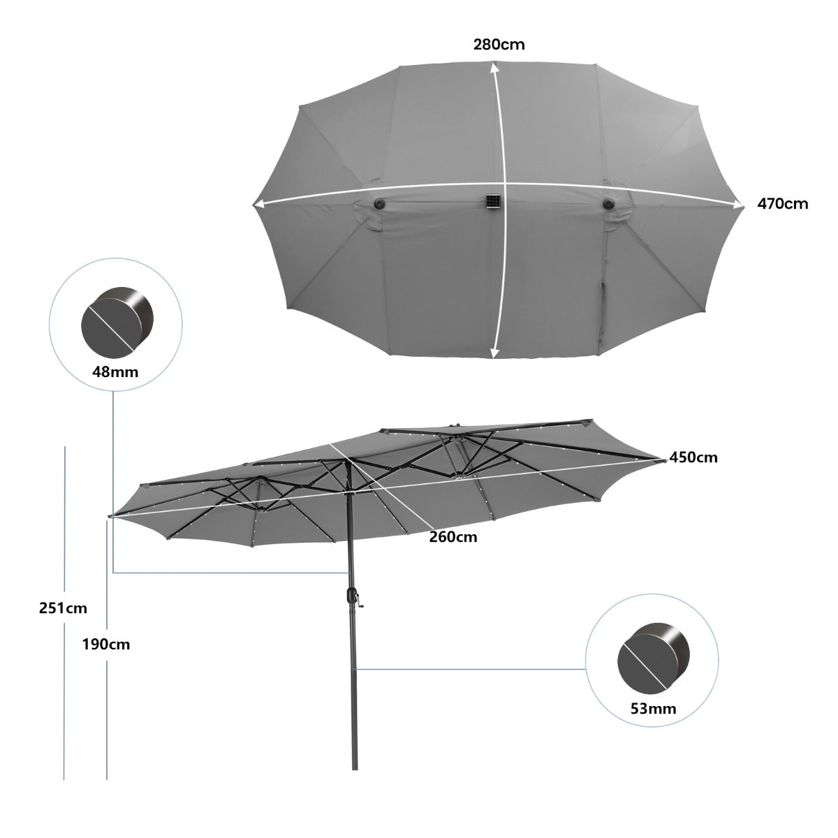LIVSK Dubbelgrote Parasol 470 x 280 cm - 48 Solar-LED-lampen - Robuuste Metalen Constructie - Handkruk - Grijs