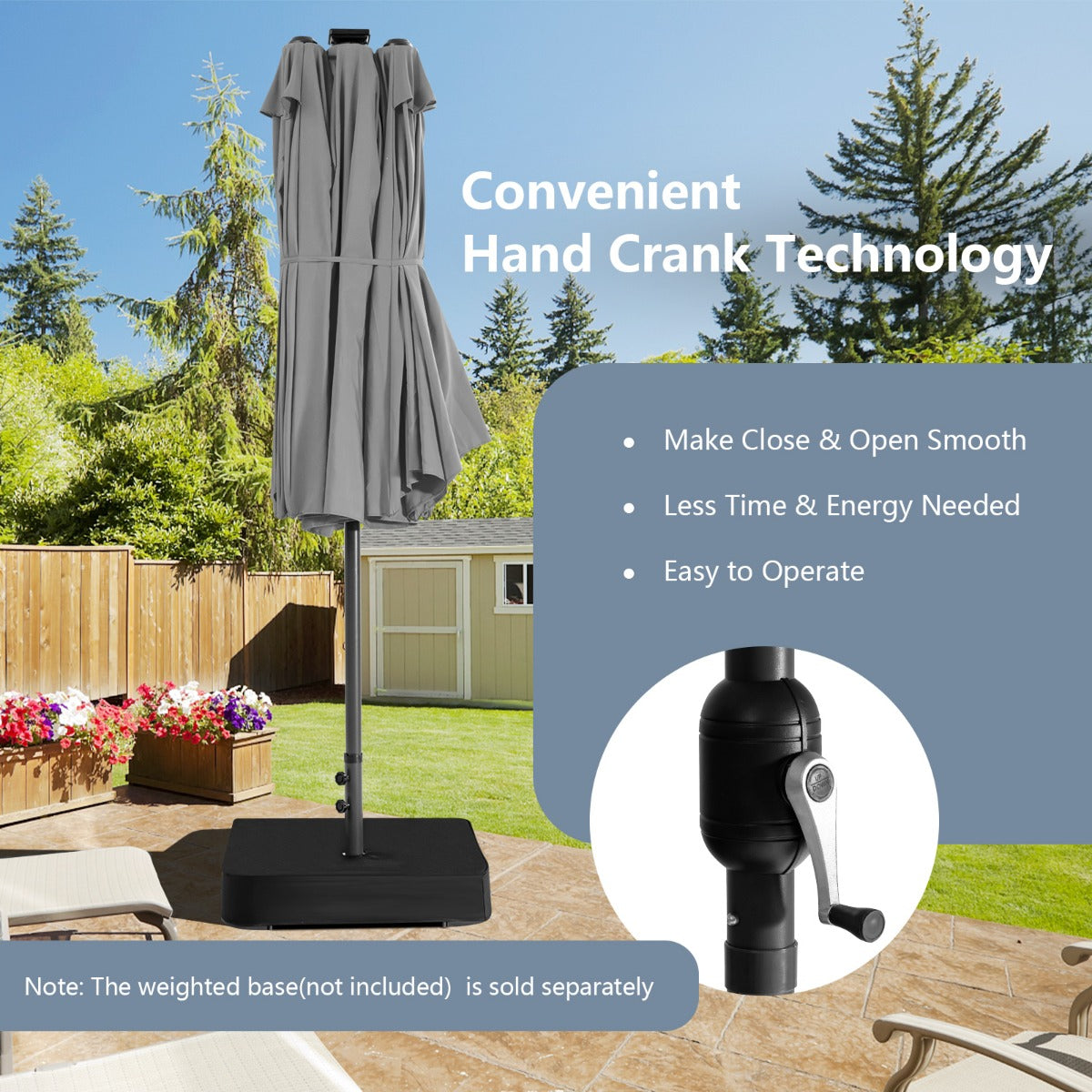 LIVSK Dubbelgrote Parasol 470 x 280 cm - 48 Solar-LED-lampen - Robuuste Metalen Constructie - Handkruk - Grijs