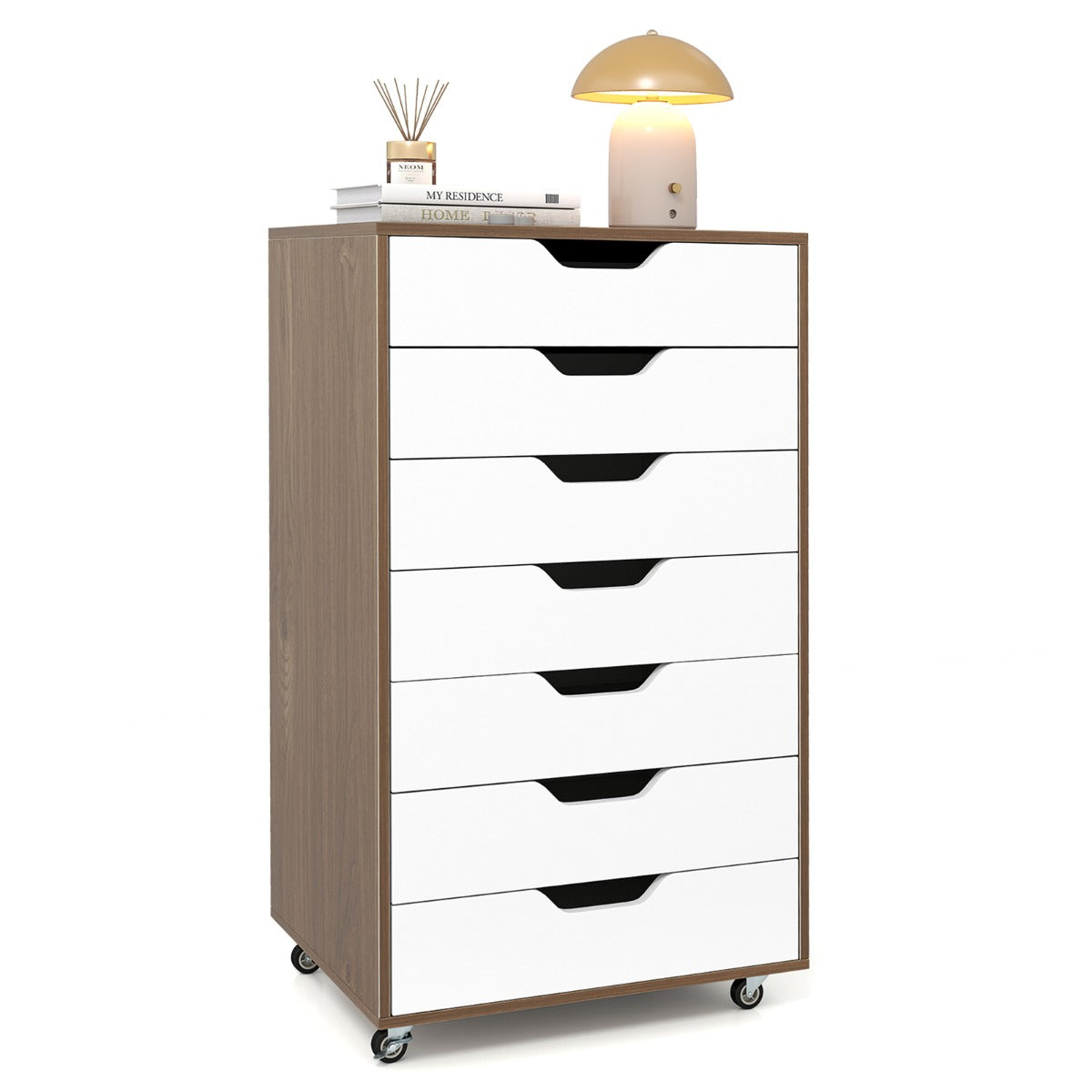 Livsk costway 49 x 40 x 87 cm een verrijdbaar houten kantoorkastje met 7 laden en wielen naturel