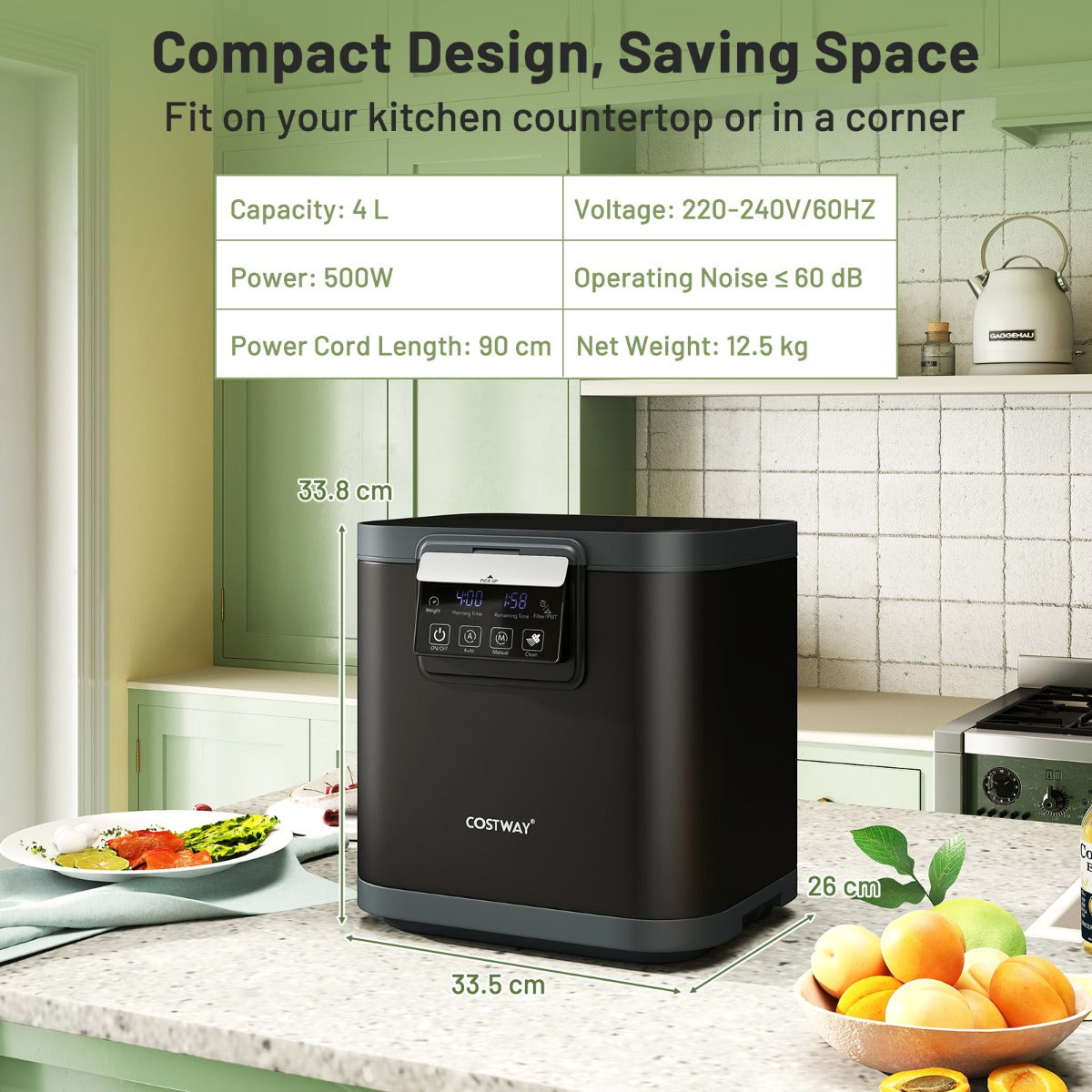 Livsk costway 4l elektrische compostbak voor keuken slimme afvalbak voor op het aanrecht zelfreinigend led display compostbak voor binnen buiten 2