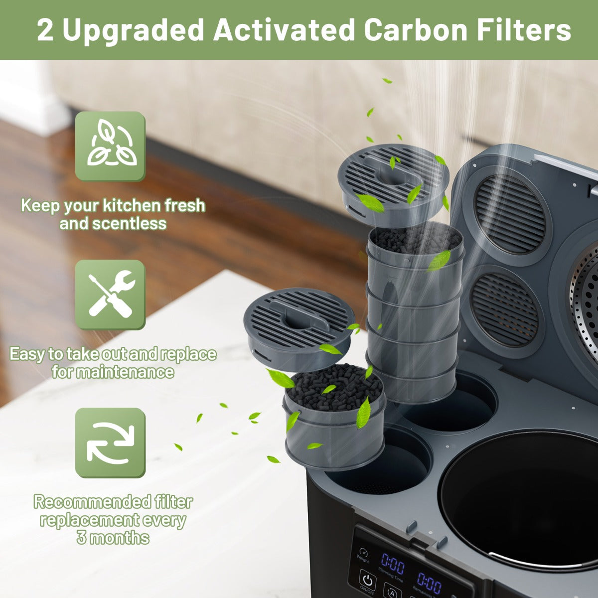 Livsk costway 4l elektrische compostbak voor keuken slimme afvalbak voor op het aanrecht zelfreinigend led display compostbak voor binnen buiten 4