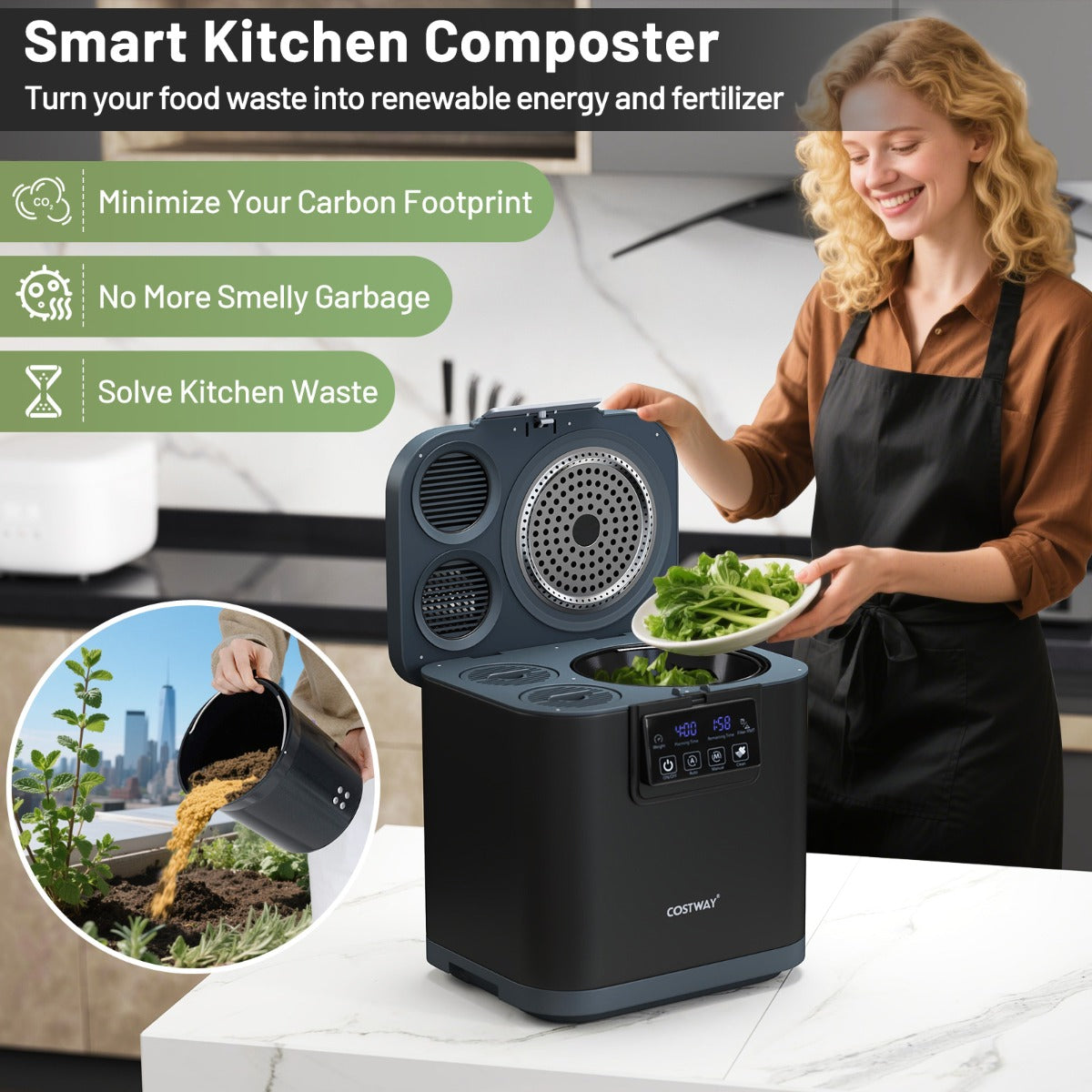 Livsk costway 4l elektrische compostbak voor keuken slimme afvalbak voor op het aanrecht zelfreinigend led display compostbak voor binnen buiten 5