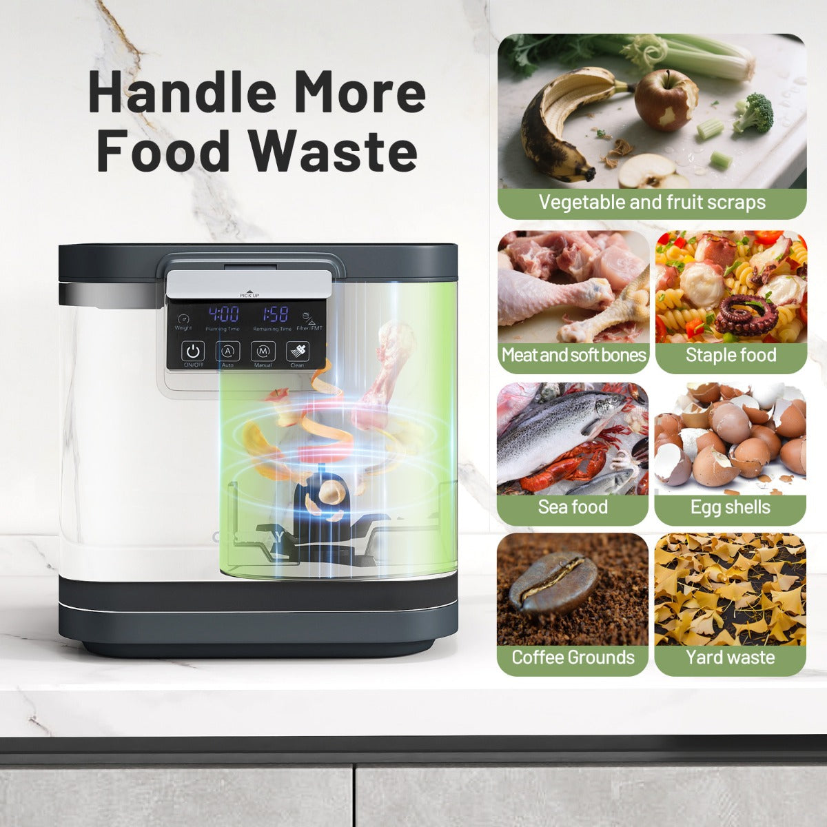 Livsk costway 4l elektrische compostbak voor keuken slimme afvalbak voor op het aanrecht zelfreinigend led display compostbak voor binnen buiten 6