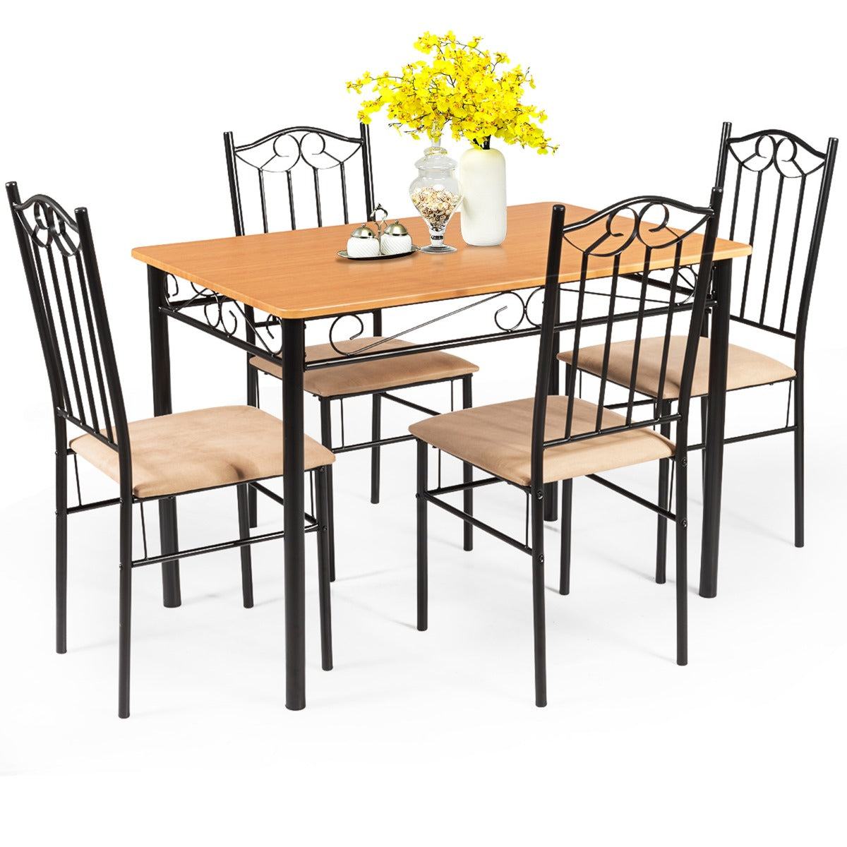 LIVSK Eetkamerset met Tafel en 4 Stoelen - Robuuste Metalen Constructie - Water- en Krasbestendig MDF - Tot 60 kg - Natuur en