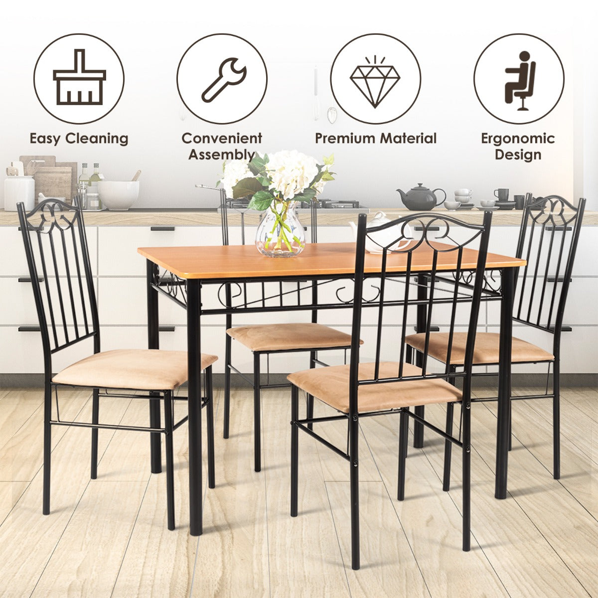 LIVSK Eetkamerset met Tafel en 4 Stoelen - Robuuste Metalen Constructie - Water- en Krasbestendig MDF - Tot 60 kg - Natuur en