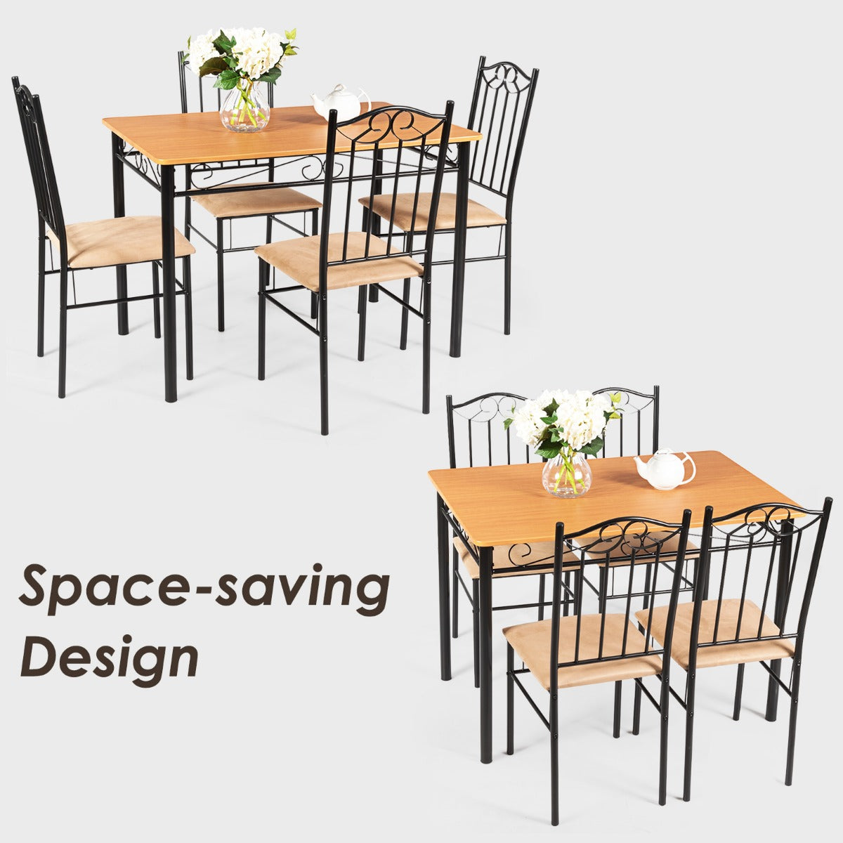 LIVSK Eetkamerset met Tafel en 4 Stoelen - Robuuste Metalen Constructie - Water- en Krasbestendig MDF - Tot 60 kg - Natuur en