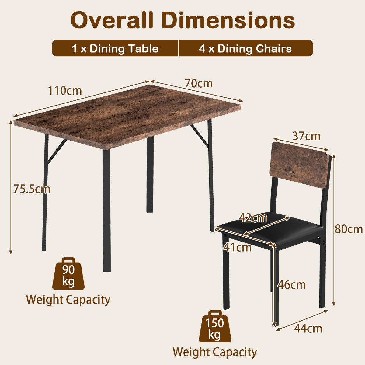 Livsk costway 5 delige eetset voor 4 personen industriele keukentafel 4 kunstleren gestoffeerde stoelen met metalen poten 2