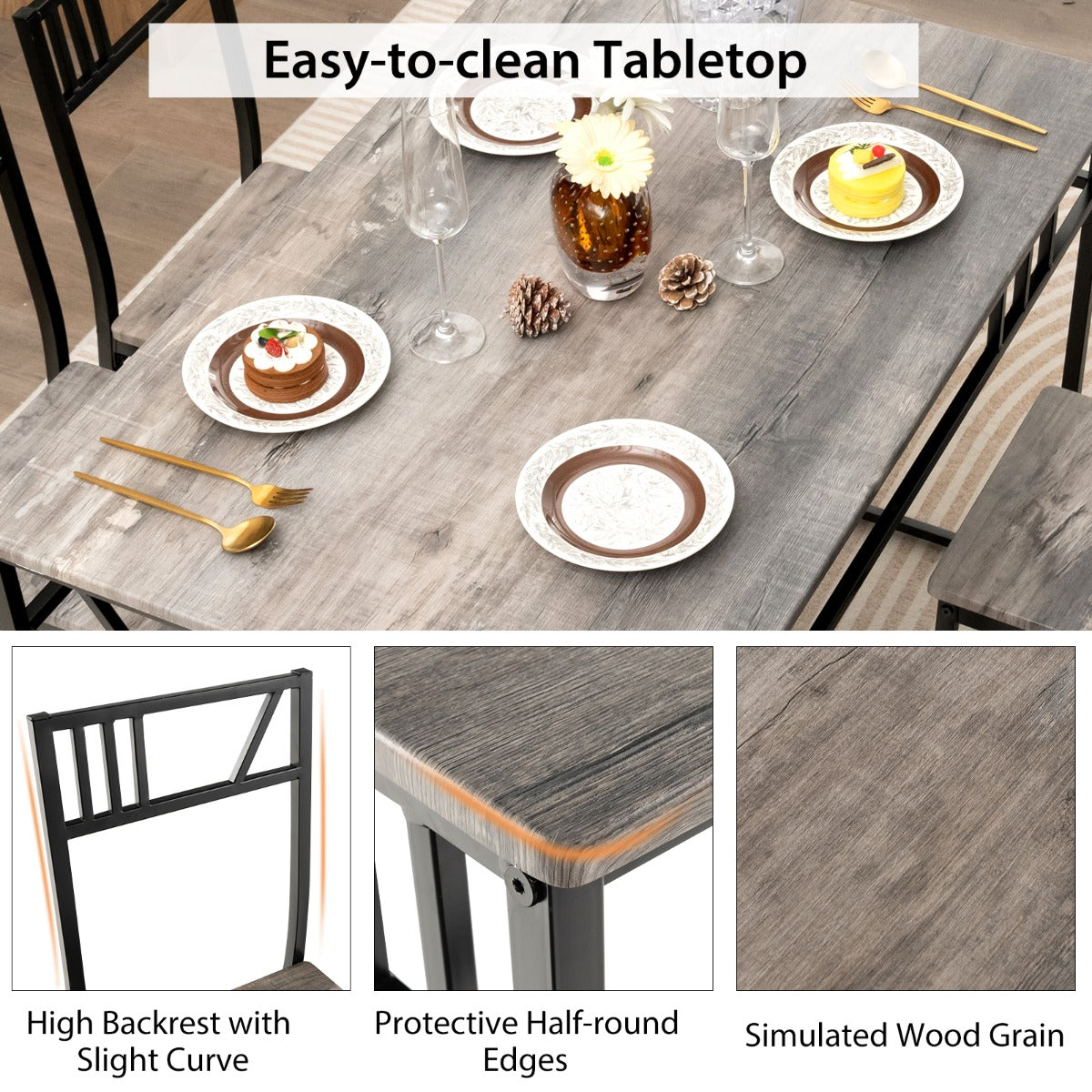 LIVSK Eettafelset met 4 Stoelen - Ruimtebesparend Ontwerp - Ergonomische Rugleuning - Stabiel Metaal - 110 x 70 x 76 cm - Grijs