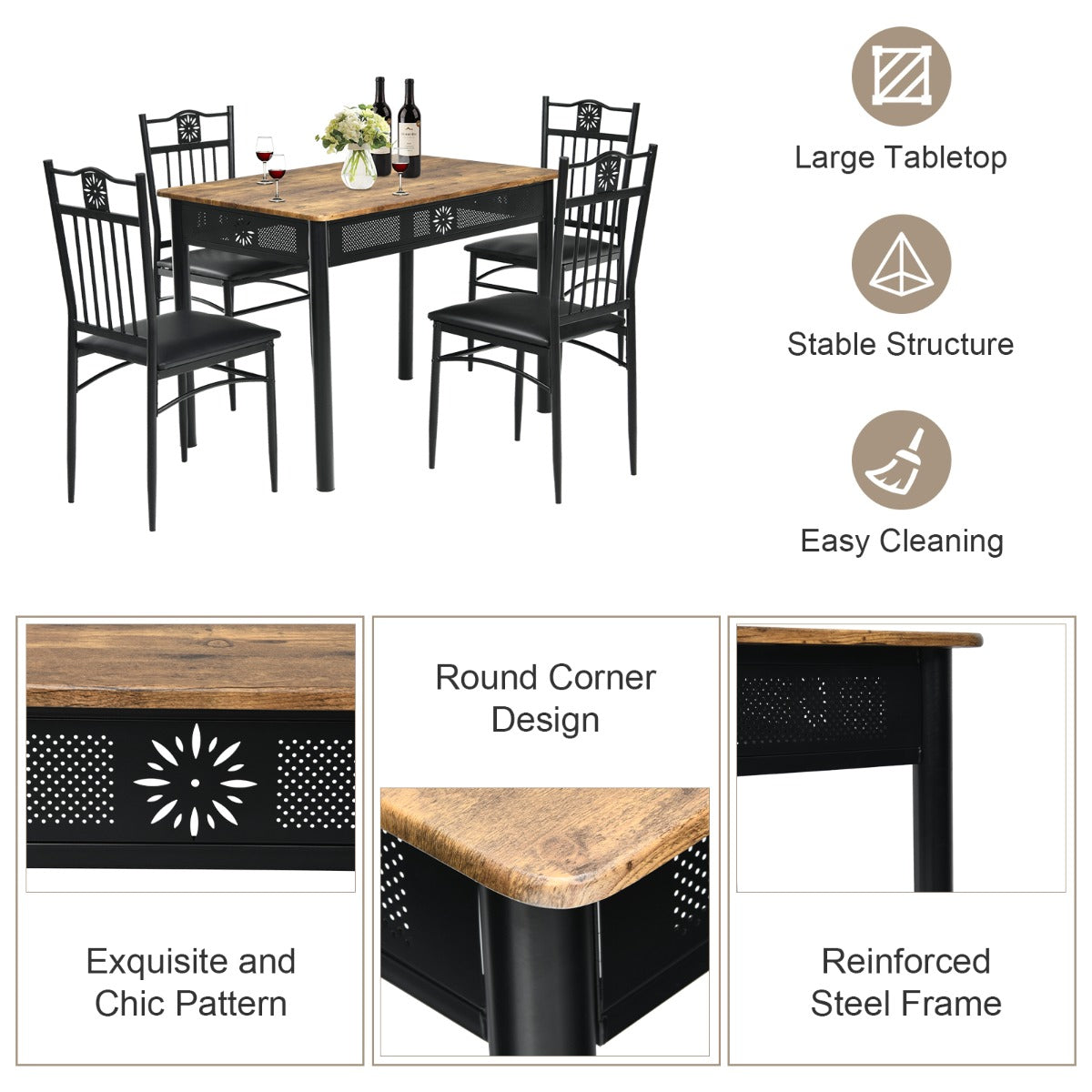 LIVSK Eettafelset met 4 Gestoffeerde Stoelen - Ergonomisch Design - Duurzaam MDF en Metaal - 107 x 70 x 76 cm - Zwart