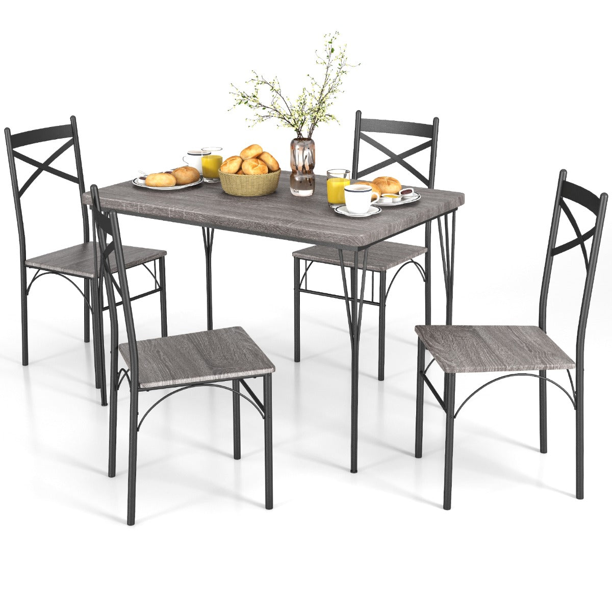 LIVSK 5-delige Eettafel Set - Rechthoekige Tafel 110 x 70 x 76 cm & 4 Stoelen - Stevig Metalen Frame - Ruimtebesparend - Grijs